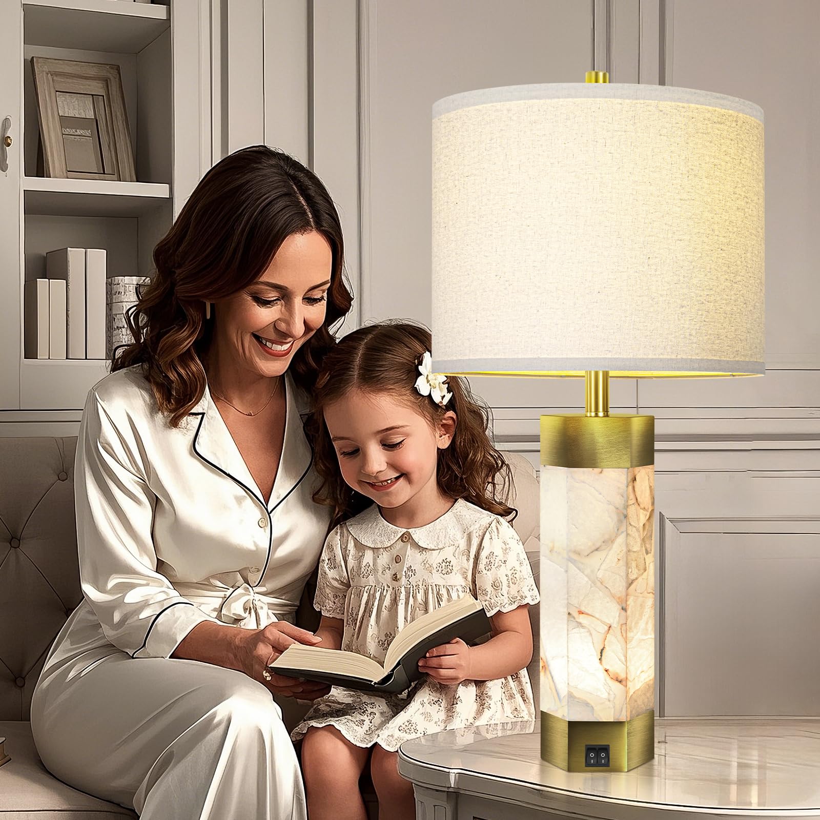 Natural Alabaster Table Lamps Set Of 2,Table Lamp With Night Light For Living Room,Nightstand Lamp With Usb Ports,Bedside Lamp W