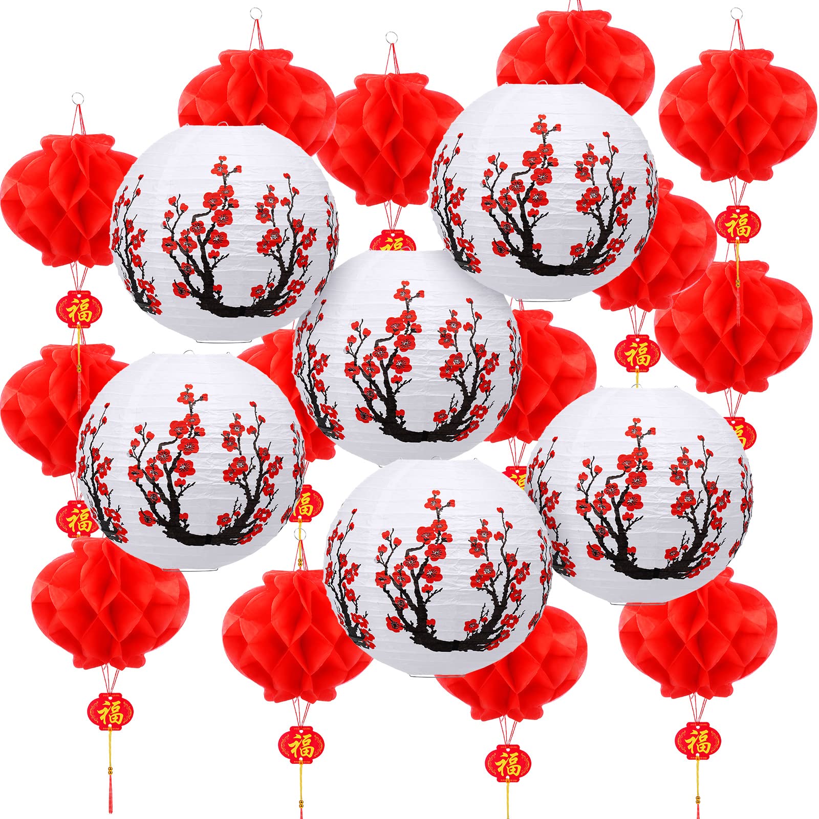 Mudder 20 Pieces Chinese Japanese Paper Lanterns Includes 12 Inch Cherry Flowers Paper Lanterns 7.5 Inch Chinese Red Lanterns Fo