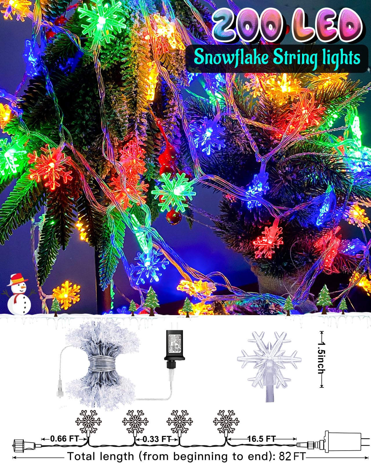 Christmas Snowflake String Lights Outdoor, 200 Led 82Ft Icicle Lights Waterproof With 8 Modes Timer Xmas Decorations, Plug In Fairy Lights For Curtain, Eaves, Window, Tree, Garden, Yard- Multicolor
