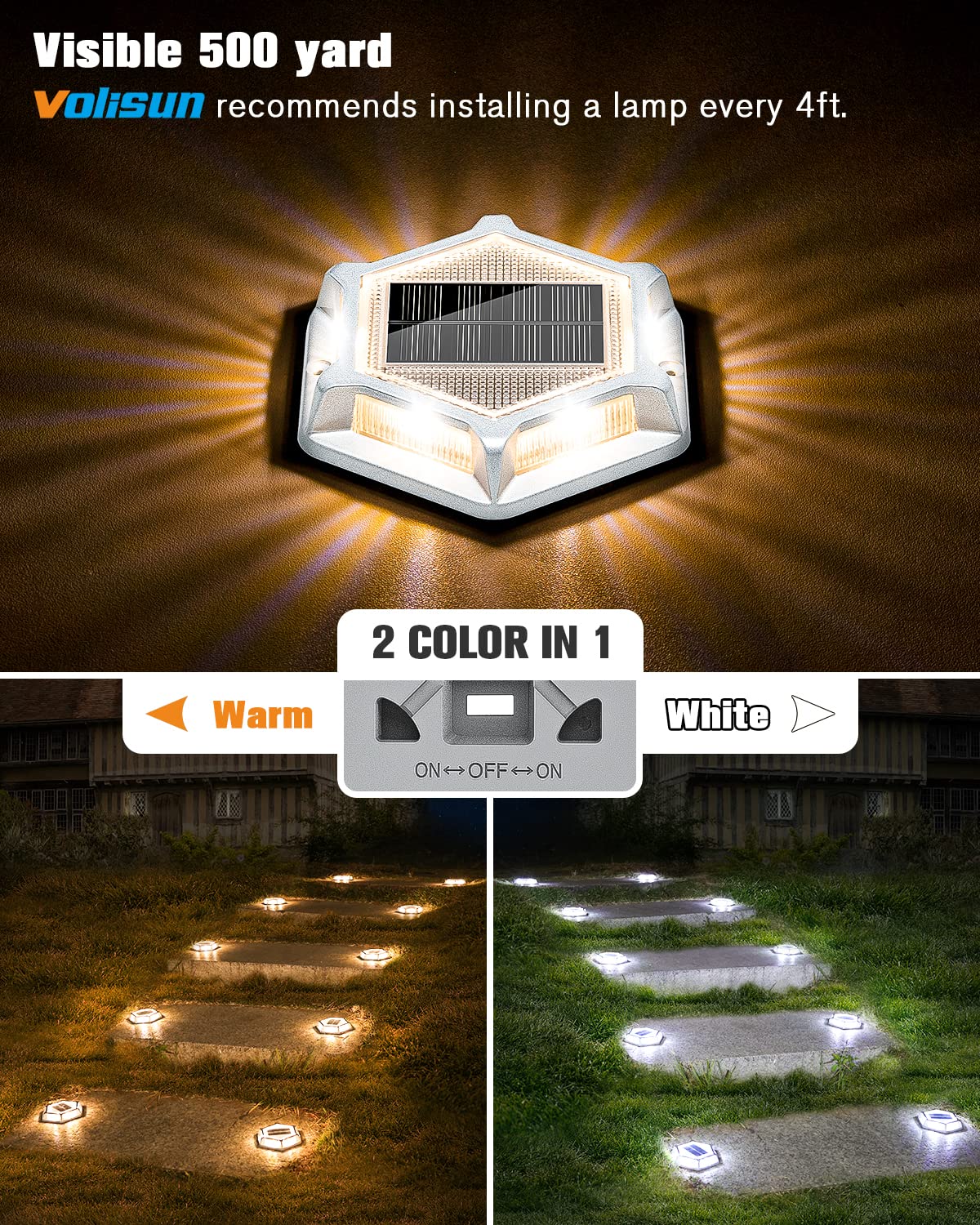 VOLISUN Solar Driveway Lights, 16 Pack, Waterproof LED Marker Lights, Metal, White/Warm White, Model 21386ZM