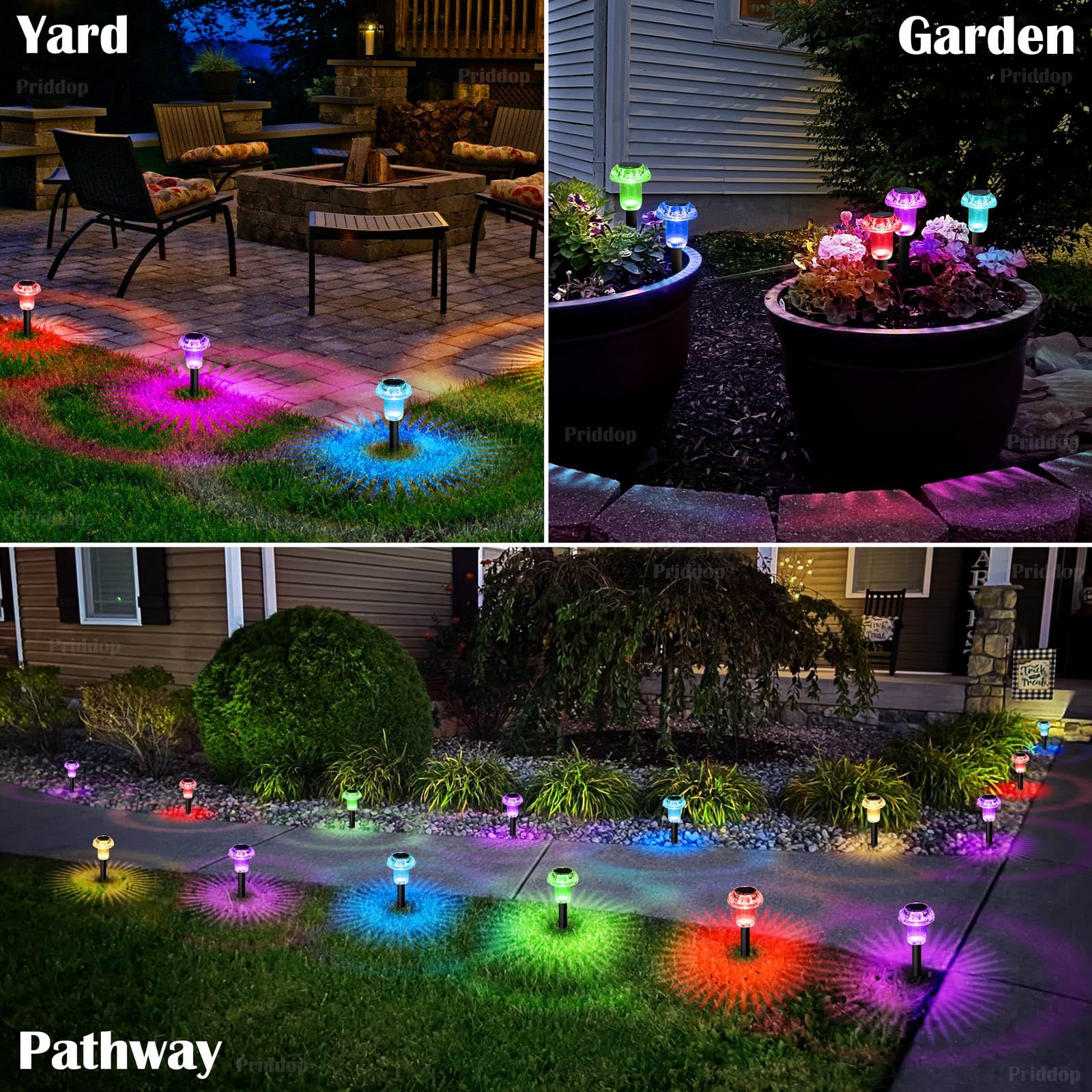 Priddop Solar Christmas Lights - 16 Pack Color Changing LED Mushroom Garden Lights - Waterproof - Multicolor