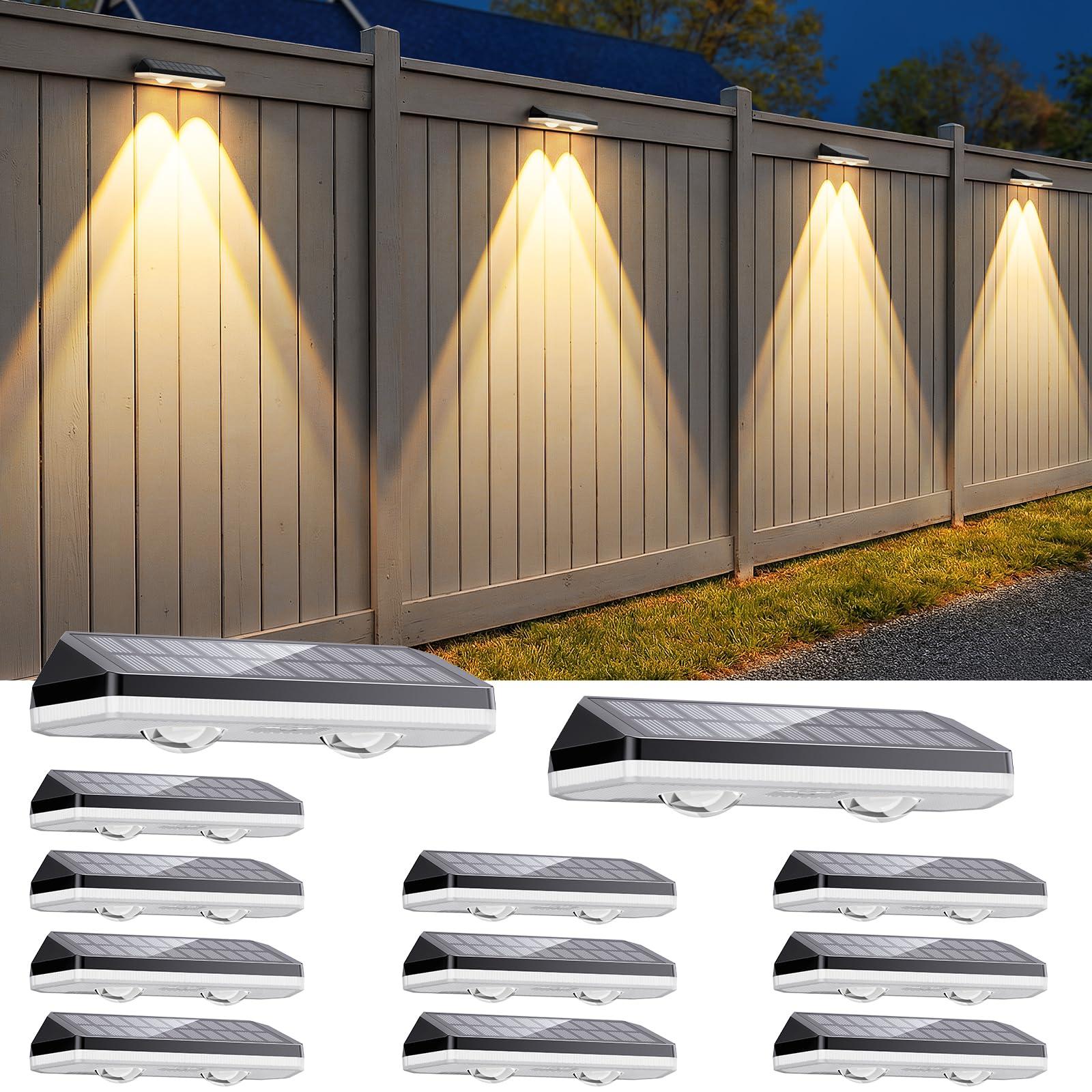 Solar Fence Lights Outdoor,3000/4500/6000K/RGB 13 Mode 12PACK Fence Lights Solar Powered High Brightness LED Lens IP65 Waterproo