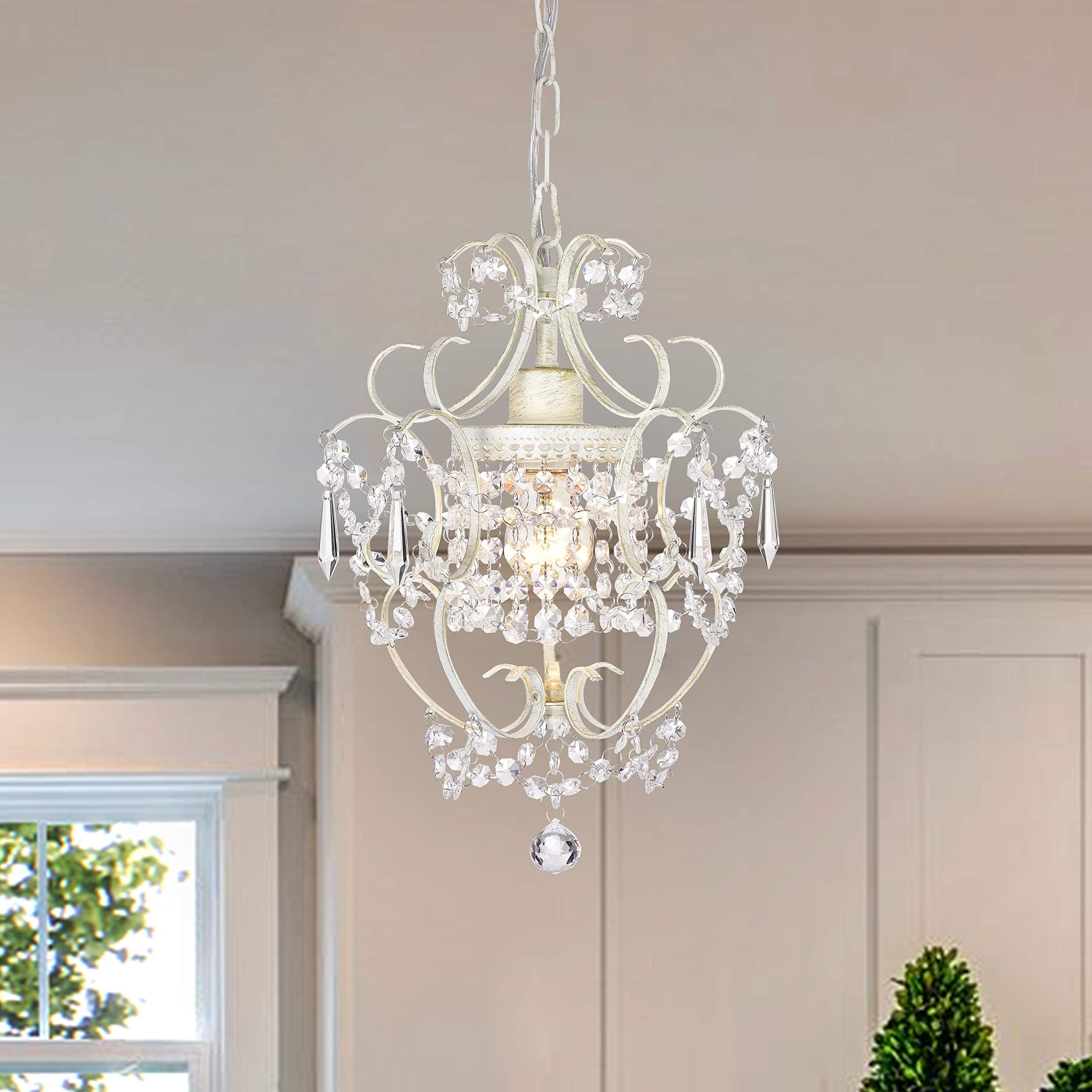 Small Crystal Chandelier For Bedroom, 90% Pre-Assembled 1 Light White Chandelier, Mini Acrylic Crystal Ceiling Light Fixture Cha