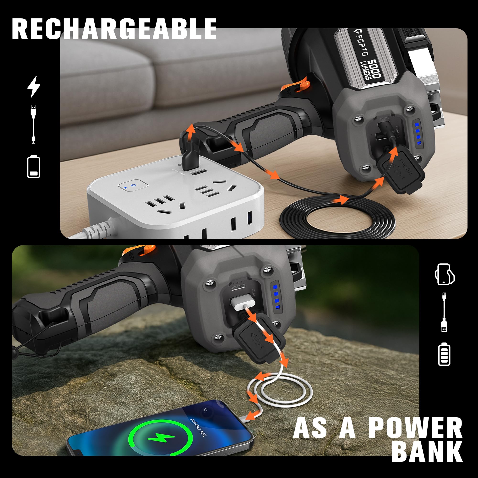 FORTO Rechargeable Spotlight 5000 Lumen Waterproof Handheld Flashlight Model SPT5000 Black with EVA Carrying Case and 7 Light Modes