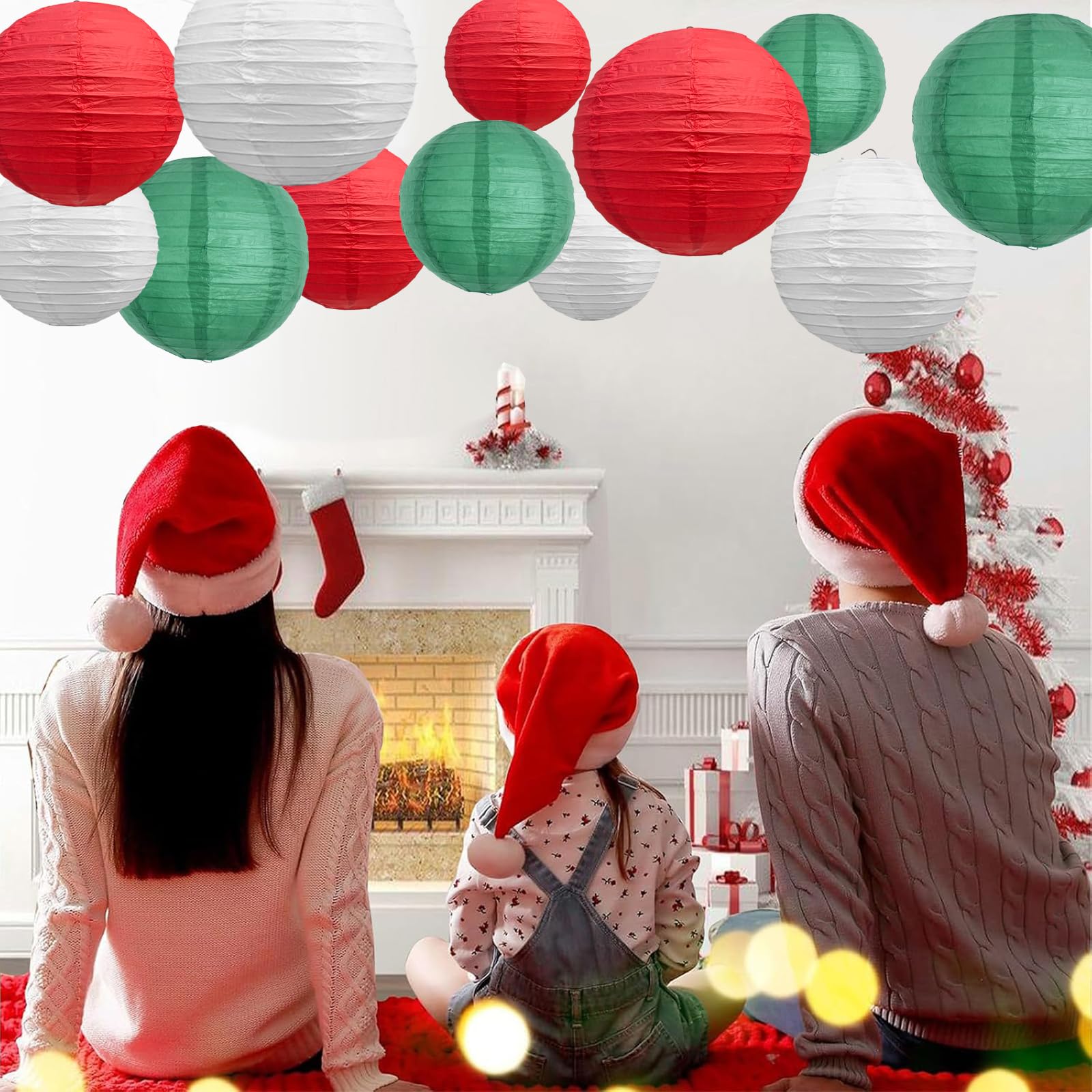 Beishida 12Pcs Red Green White Paper Lanterns Decorative Hanging Round Paper Lanterns Lamp For Christmas Birthday  Wedding Bridal Home Decor Outdoor Decoration Party Decoration