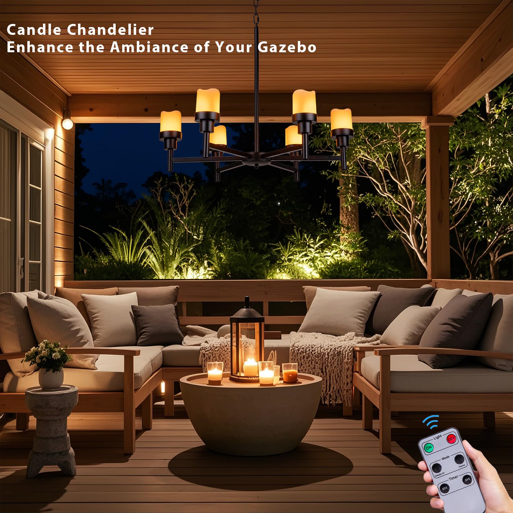 ALL FORTUNE Battery Operated Chandelier - Extra Large Black Outdoor Hanging Candle Lights for Gazebo, Canopy, Porch, Tent Decor, Model KF68208