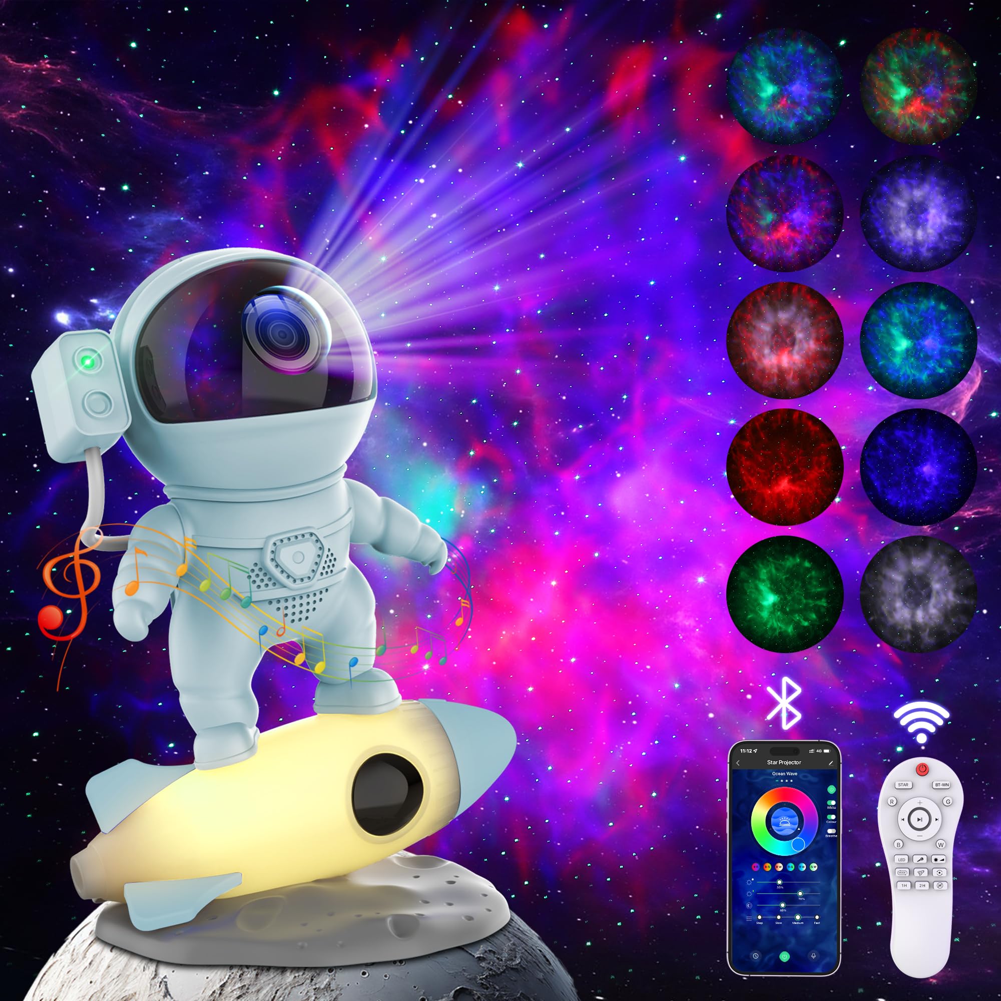 FlyEagle Astronaut Galaxy Projector, Star Projector Rocket Night Light for Kids Room, 360 Adjustable Magnetic Head, Bluetooth Sp