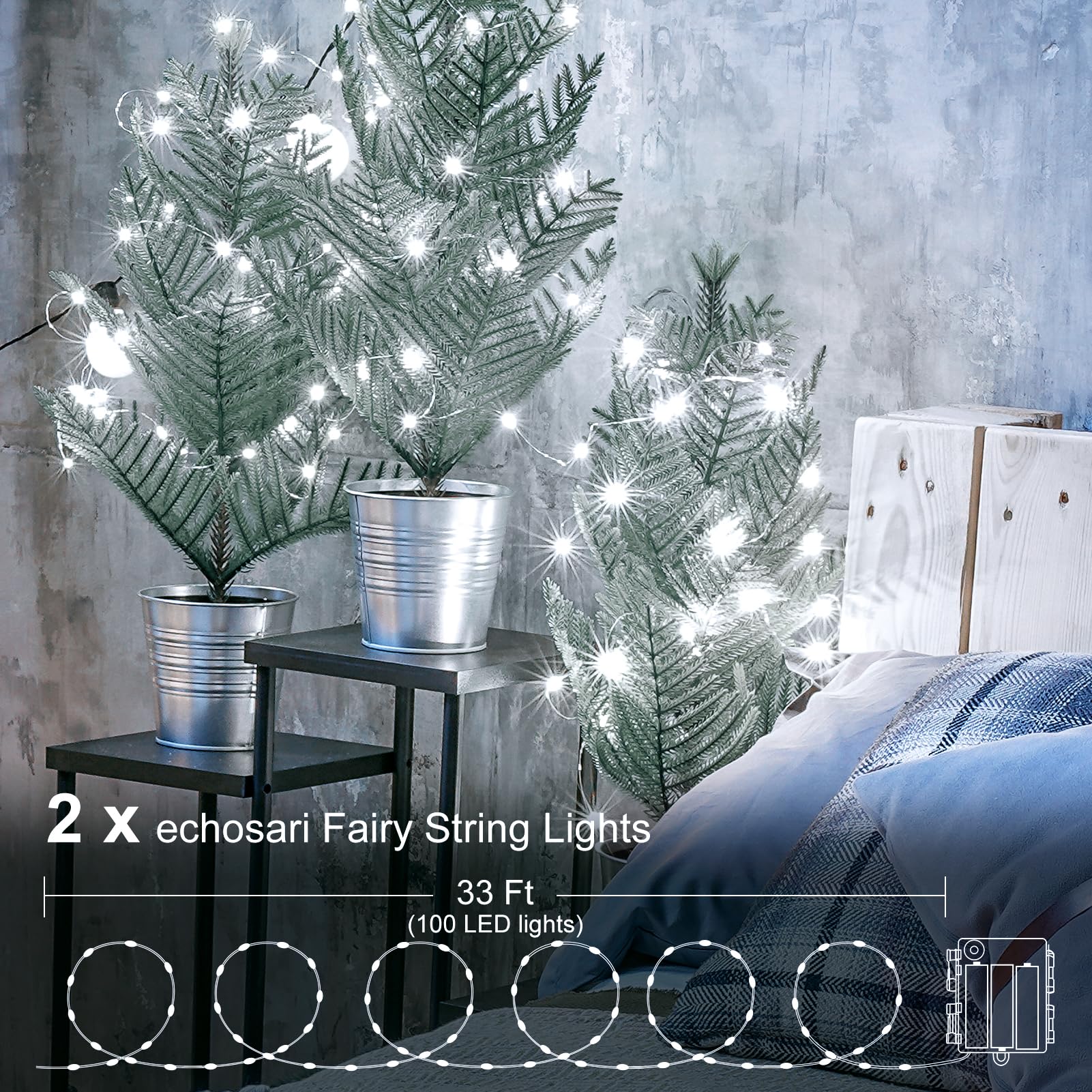 Echosari 2 Pack Fairy Lights Battery Operated 100 Led 33Ft Silver Wire String Lights Auto Timer 8 Modes Waterproof Mini String Lights For Indoor, Garden, Yard, Fence, Wedding Decor (Cool White)