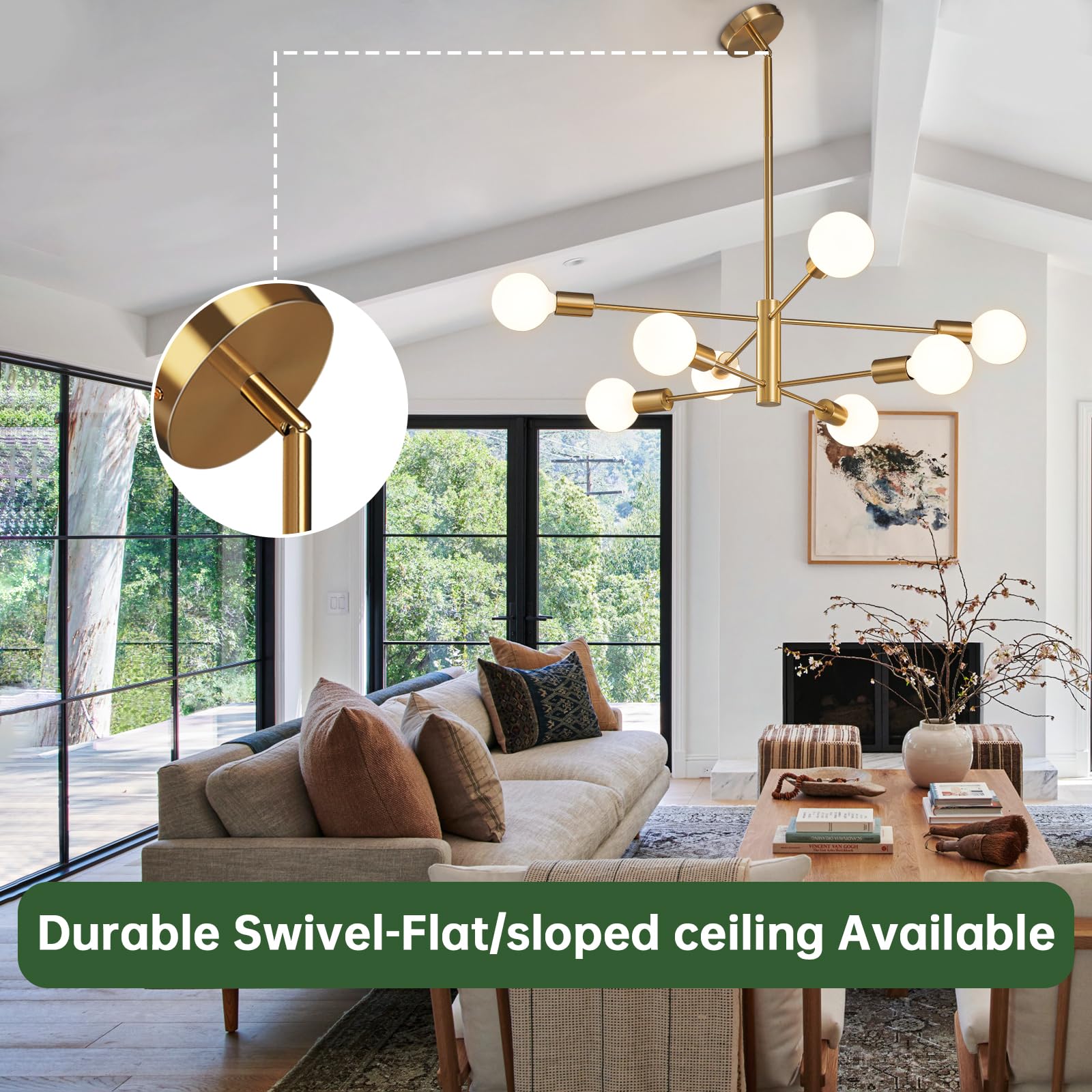 Ruiyey Modern Sputnik Chandeliers Light, 8-Light Gold Dining Room Chandelier Over Table, E26 Mid Century Ceiling Light Fixtures