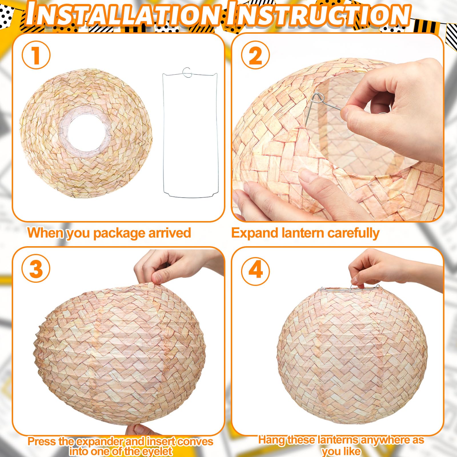 Retisee 12 Pcs 10 Inch Print Woven Paper Lanterns Burlap Paper Lanterns Round Hanging Chinese Decorative Farmhouse Boho Party De