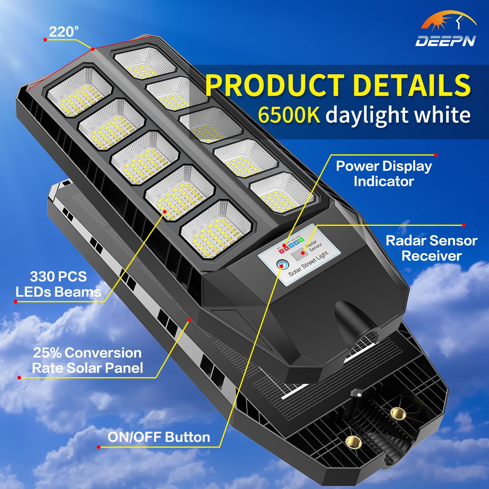 Deepn Solar Lights Outdoor, 6500K IP66 Waterproof Motion Sensor Flood Lights, 2 Pack, Black, Model TW1002, with Remote Control