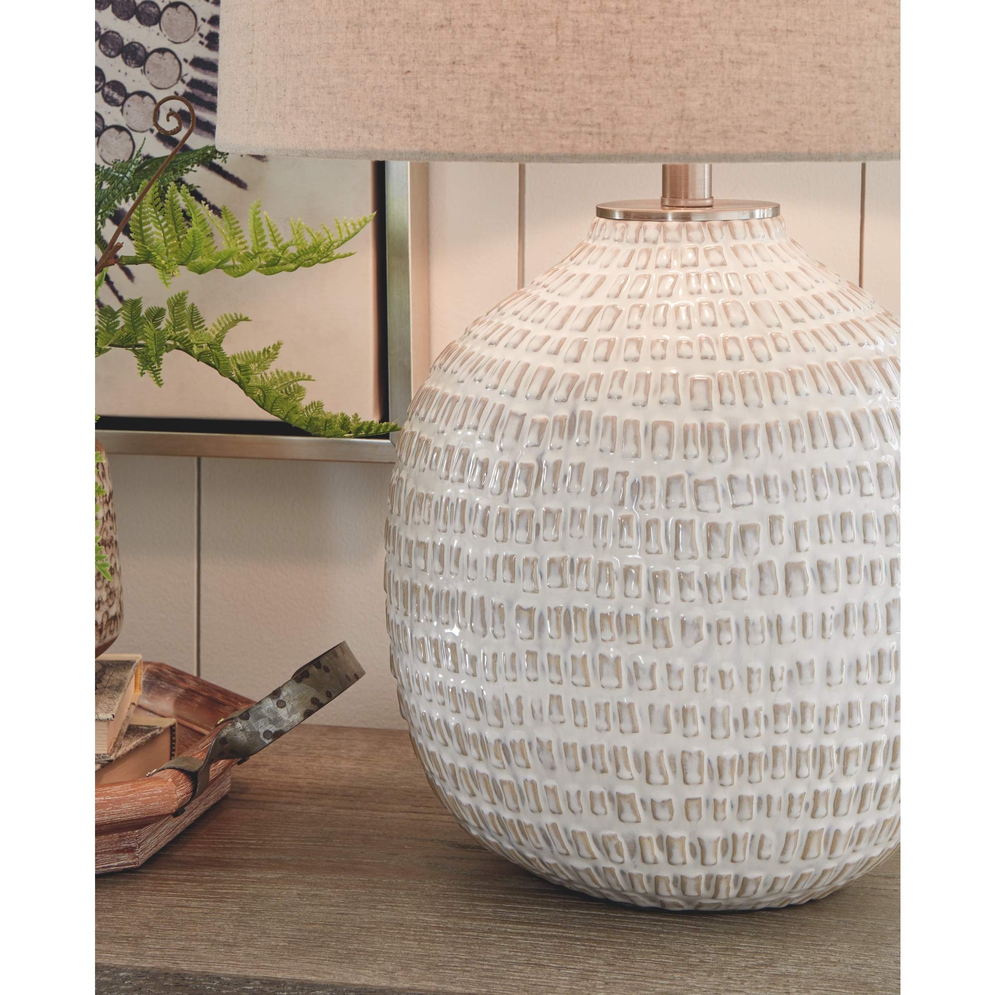 Signature Design by Ashley Ceramic Table Lamp, 26in Round, Textured, Beige, Model L100764
