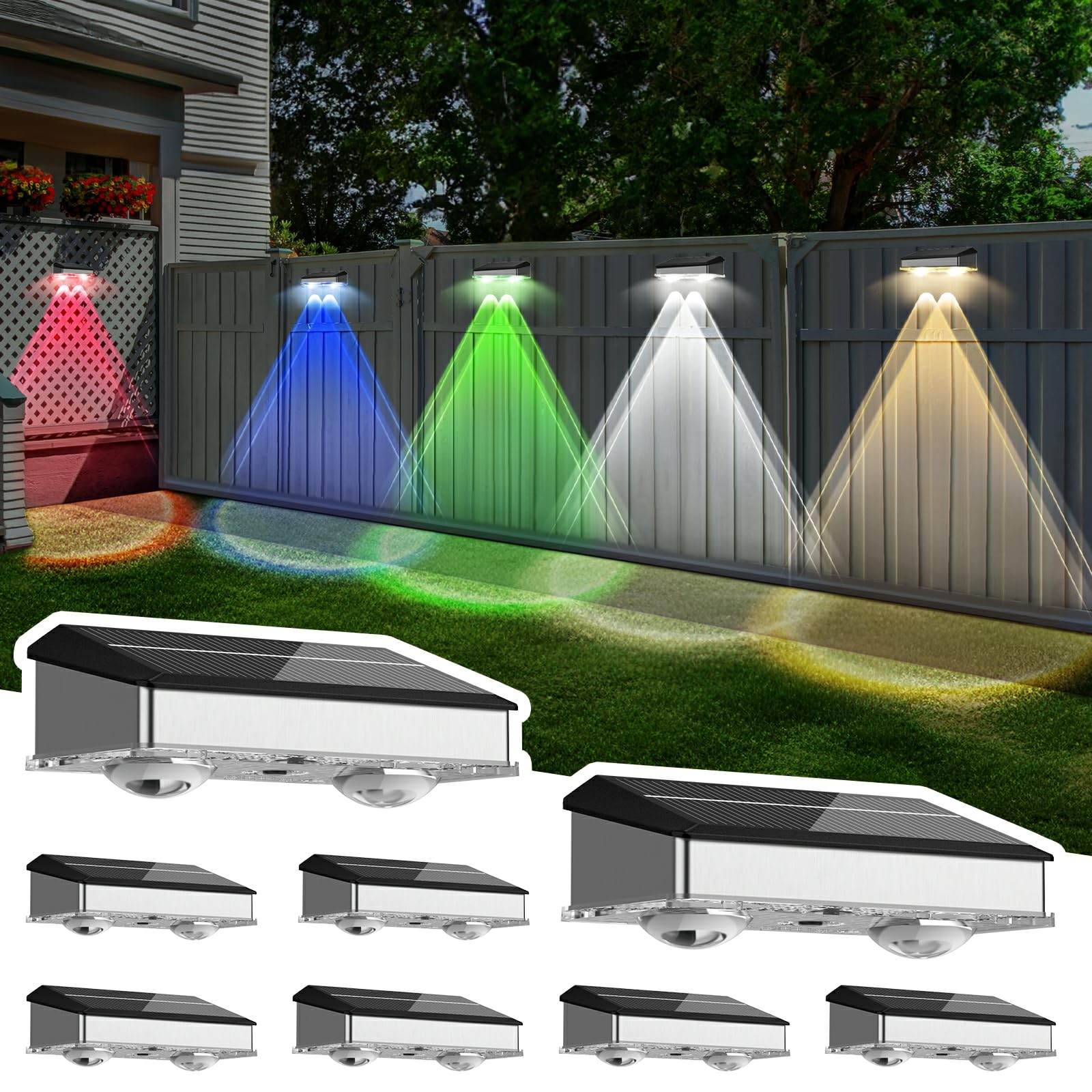 Lightkeeys Solar Fence Lights, 8 Pack, Warm White & Cool White, Color Changing RGB, IP65 Waterproof, LED Deck Lights for Outdoor Use