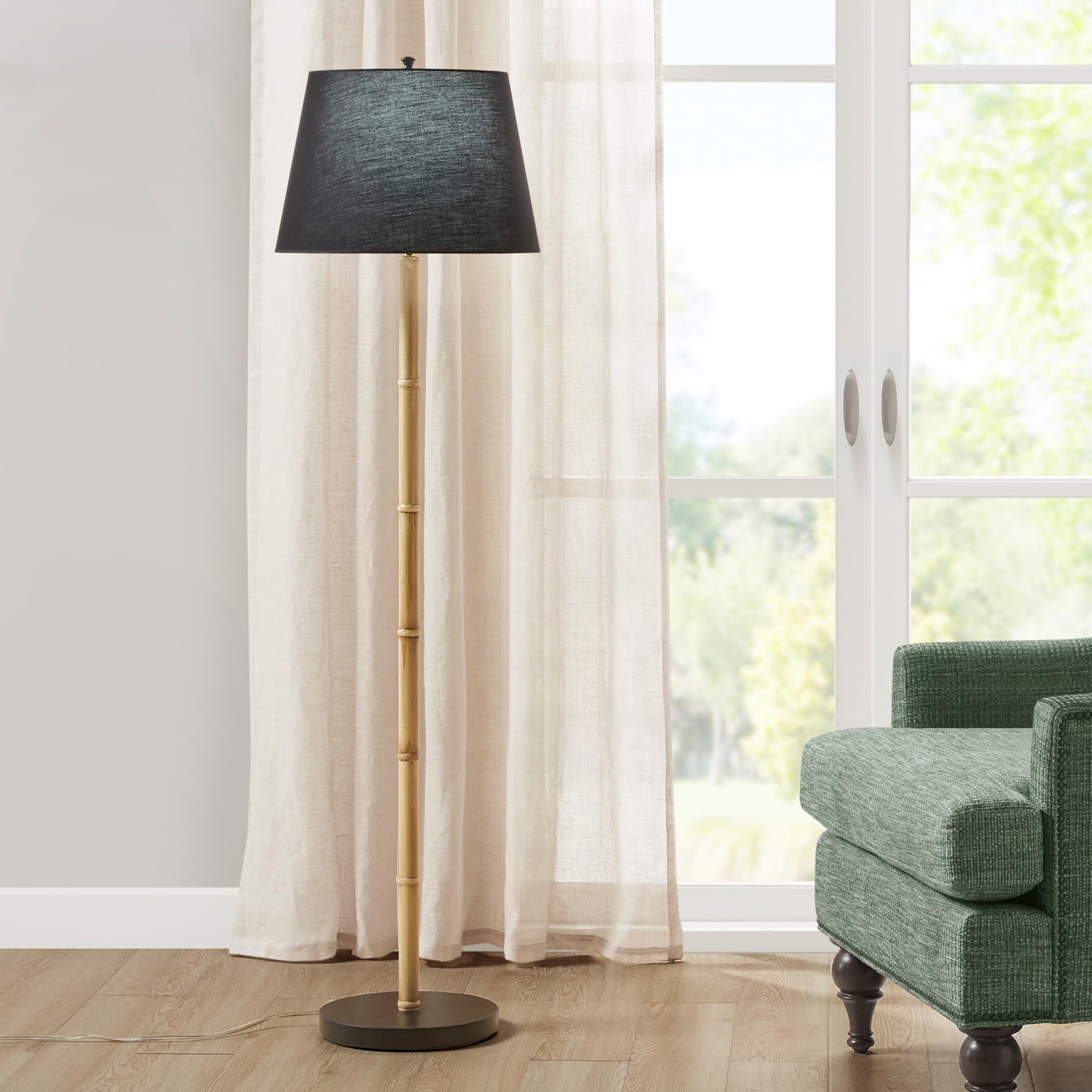 Martha Stewart Floor Lamps for Living Room, Bamboo-Like Standing Lamp with 2 Tone Black Shade, Iron Body, Black Base, Polarized Plug, Clear Cable, Office, Bedroom Room Lamp - Black/Natural Nassau