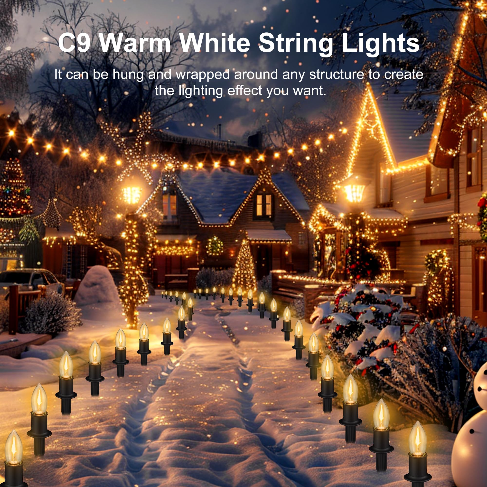 Tioriy Christmas Pathway Led Lights Outdoor, 20 Lights C9 Walkway Lights With Stakes, 24.2Ft Clear Driveway Christmas Lights For