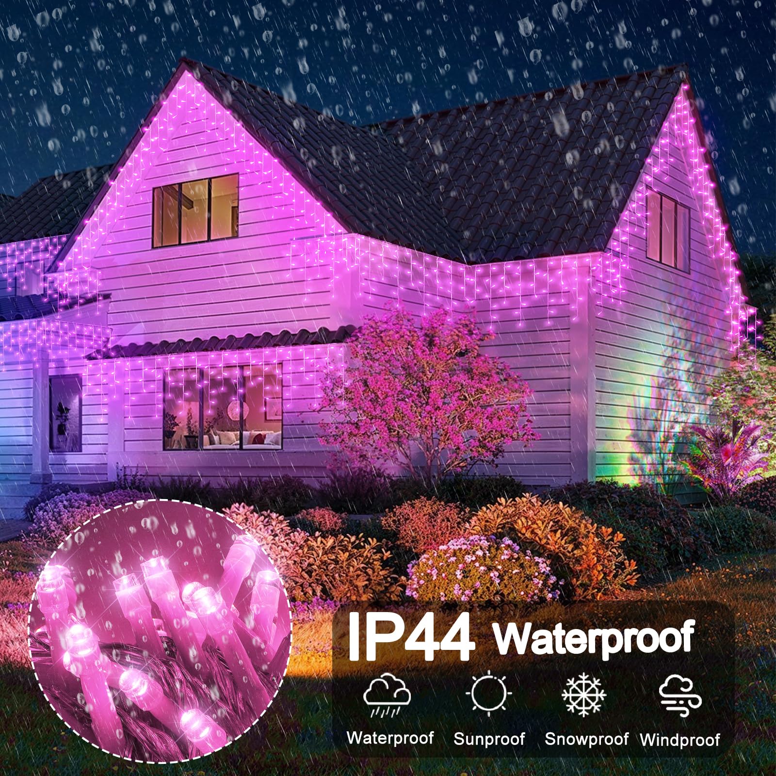 33Ft Pink Led Icicle String Lights Indoor For Bedroom, 400 Led Patio Lights For Outside Clear Wire Connectable Twinkle Lights Wi