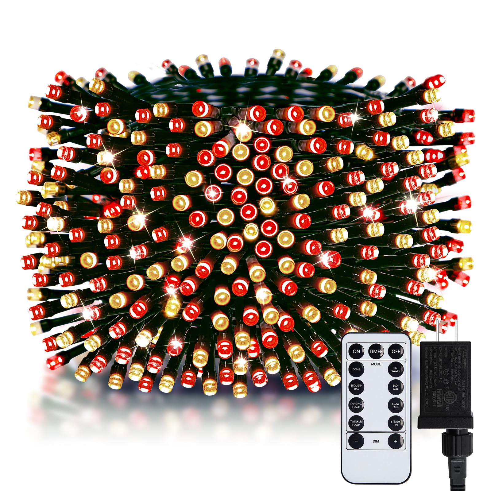 Minetom 1000 LED Christmas Tree Lights, 328 FT Green Wire LED Decorative Fairy Lights with Remote & 8 Modes, Waterproof for Outdoor Xmas Holiday Party Garden Wedding Home Decor, Red & Warm White