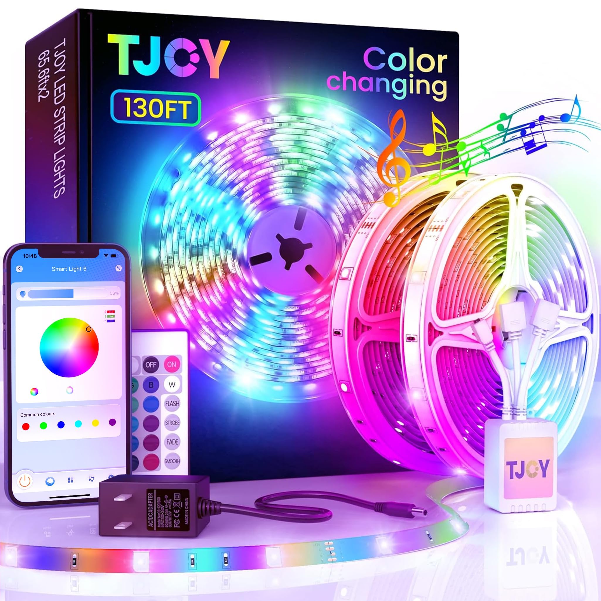 Tjoy 130Ft Bluetooth Led Strip Lights, Rgb Color Changing, Music Sync, App Control, Indoor Usage, 5050 Smd, 2 Rolls, For Bedroom