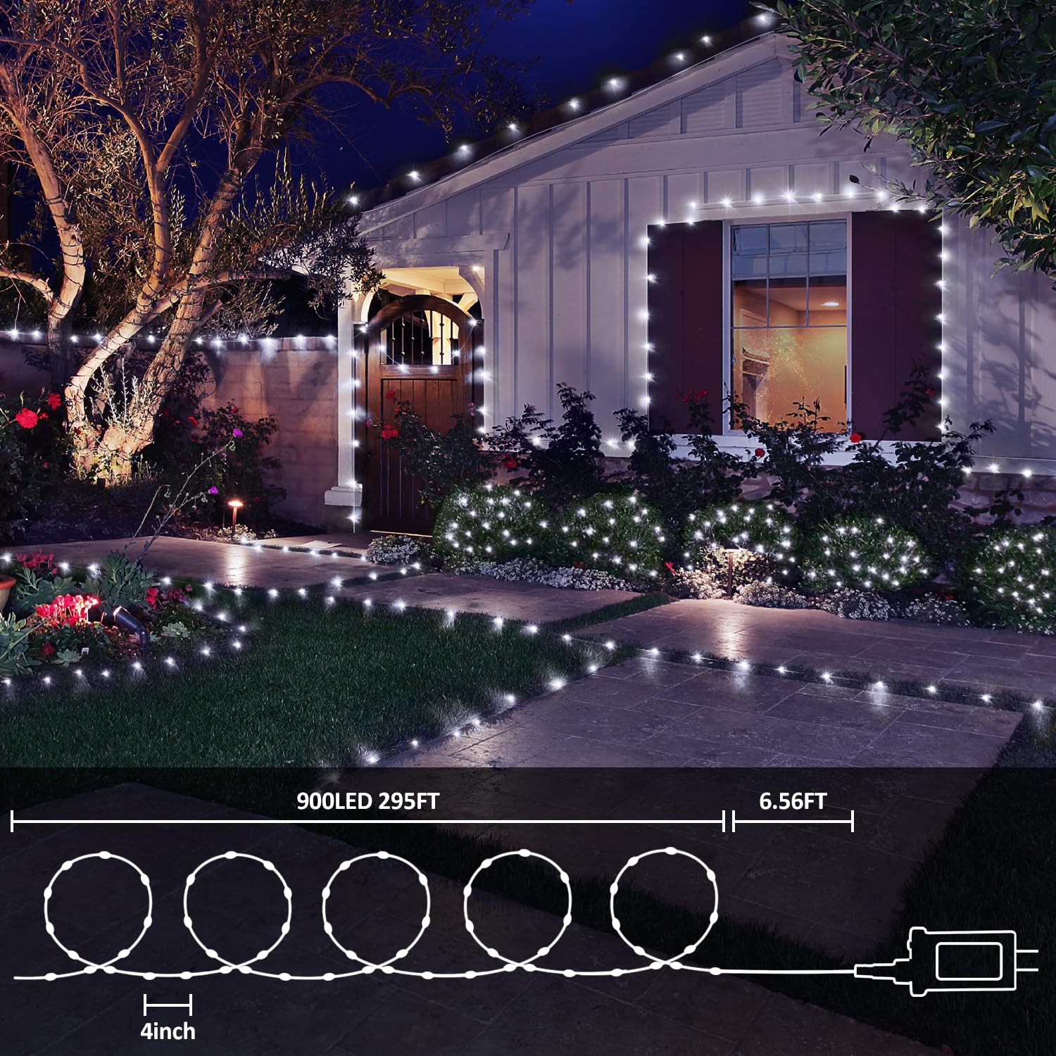 XURISEN 296FT Fairy Lights, 900LED Twinkle String Lights, 8 Modes, Copper, Cool White