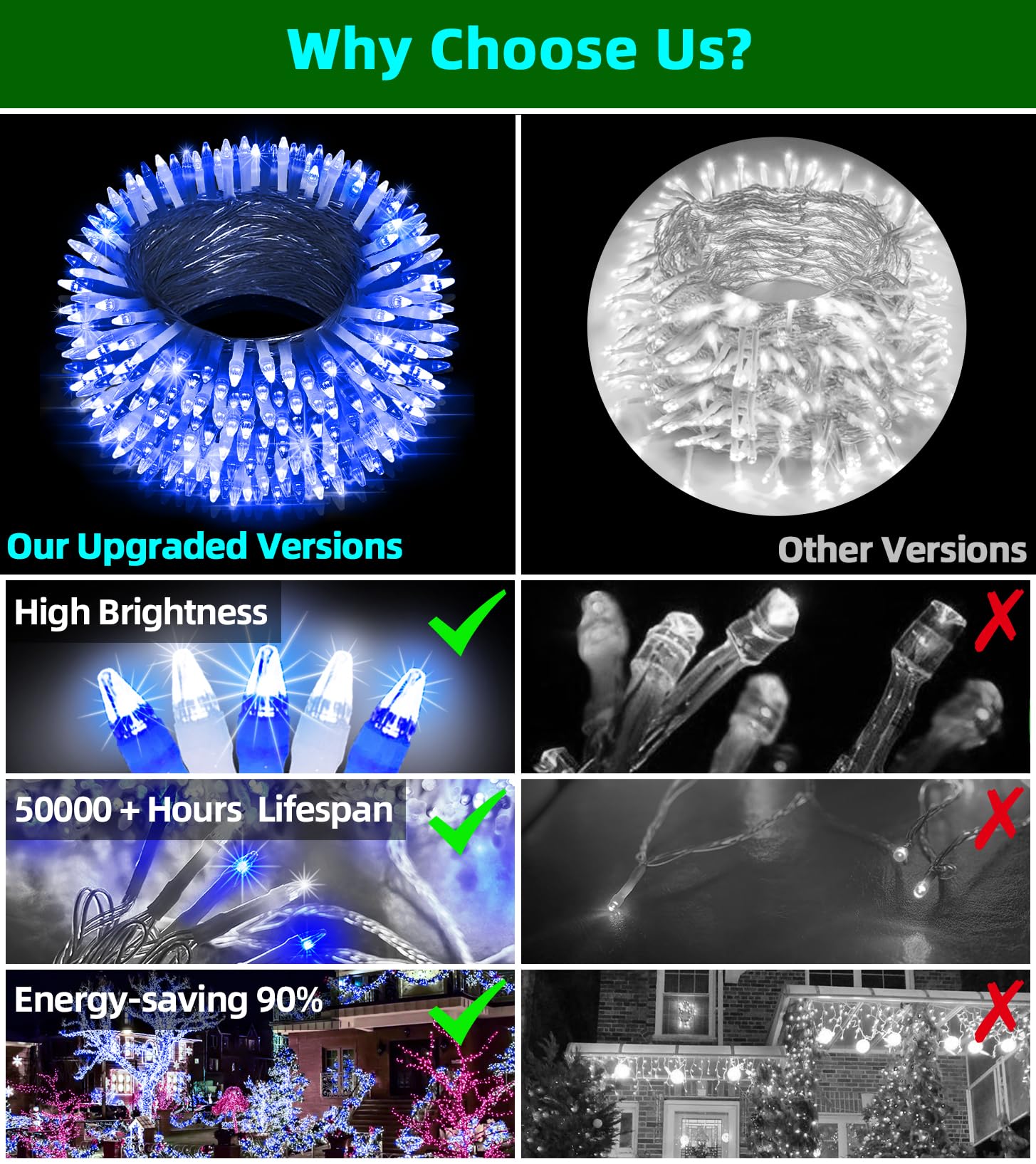 Quhuatu Led String Lights Christmas Decorations 8 Lightsing Modes Christmas Lights With Timer Functions For Tree Indoor Outdoor Decorr 1500 Led 492Ft Blue & White