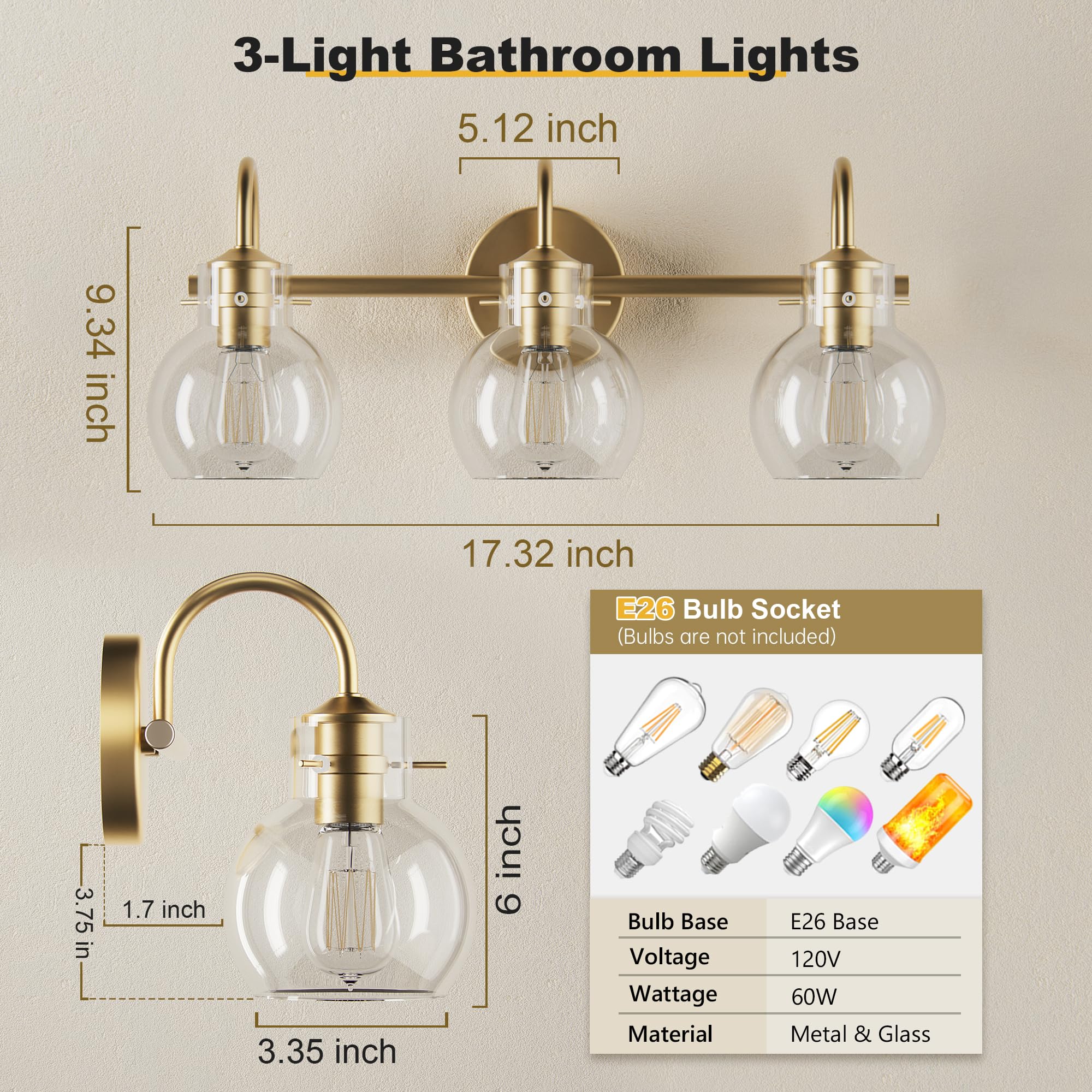 PRIMEPLUS Gold Vanity Light - 3 Light Bathroom Fixtures with Clear Globe Glass Shade, Model 2109-GD, Metal Sconces for Modern Decor