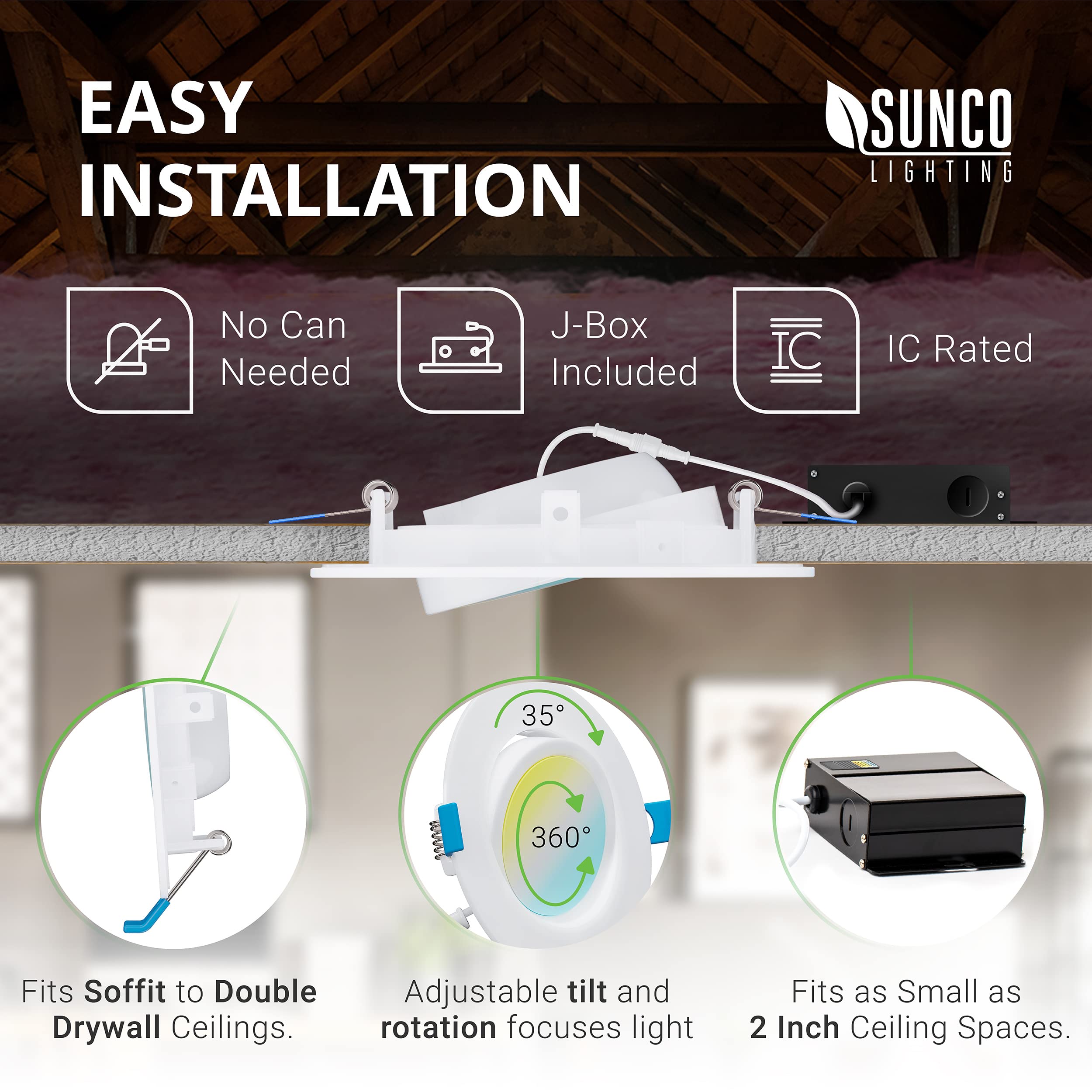 Sunco Lighting 6 Pack Recessed Led Lights Canless 4 Inch Eyeball Gimbal 12W, Selectable 2700K/3000K/3500K/4000K/5000K, Angled Di