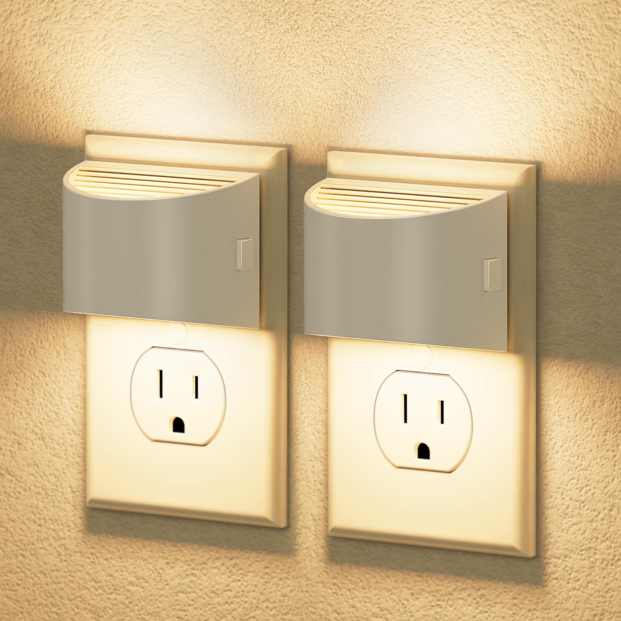 JandCase LED Night Lights 2 Pack, Dusk to Dawn Sensor, Brightness Adjustable, Electroplate White, Model C-GY10702WHUS-2