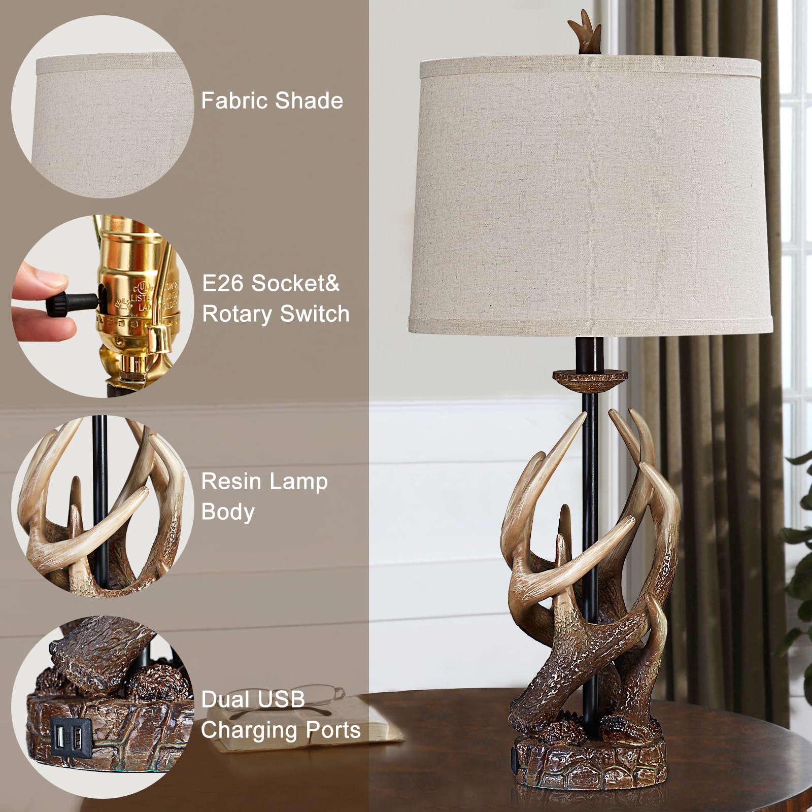 Huitico Rustic Farmhouse Table Lamp For Living Room End Table Deer Antler Lamps With Usb Ports 28'' Tall Western Lamps For Bedro