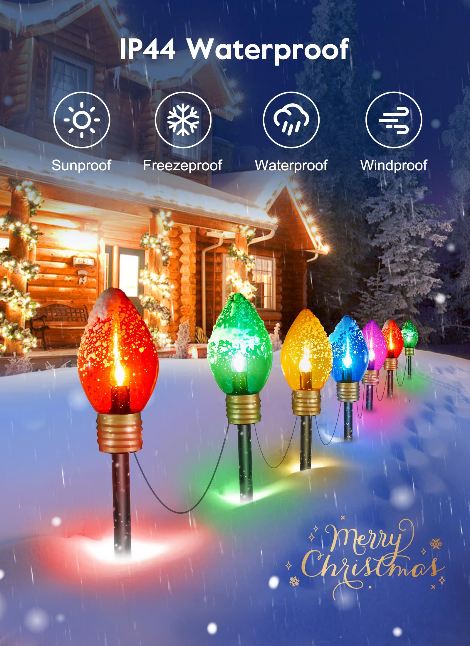 Brightown Jumbo C9 Multicolor Christmas Pathway Lights - 4 Pack, 8.5ft, 5 LED C7 Covers, Outdoor Decorations