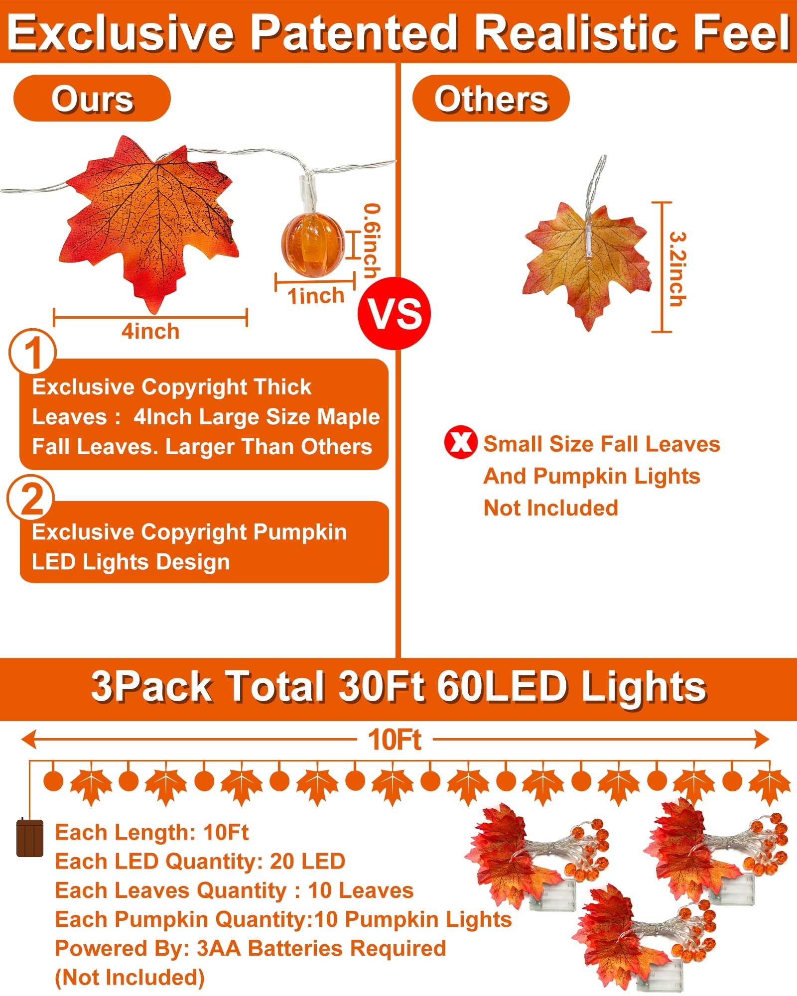3 Pack Thanksgiving Decorations Fall Garland With Pumpkin Lights & Enlarged Maple Fall String Lights Pumpkin Decor, 30Ft 60Led Waterproof Battery Operated Fall Decorations For Home Indoor Outdoor