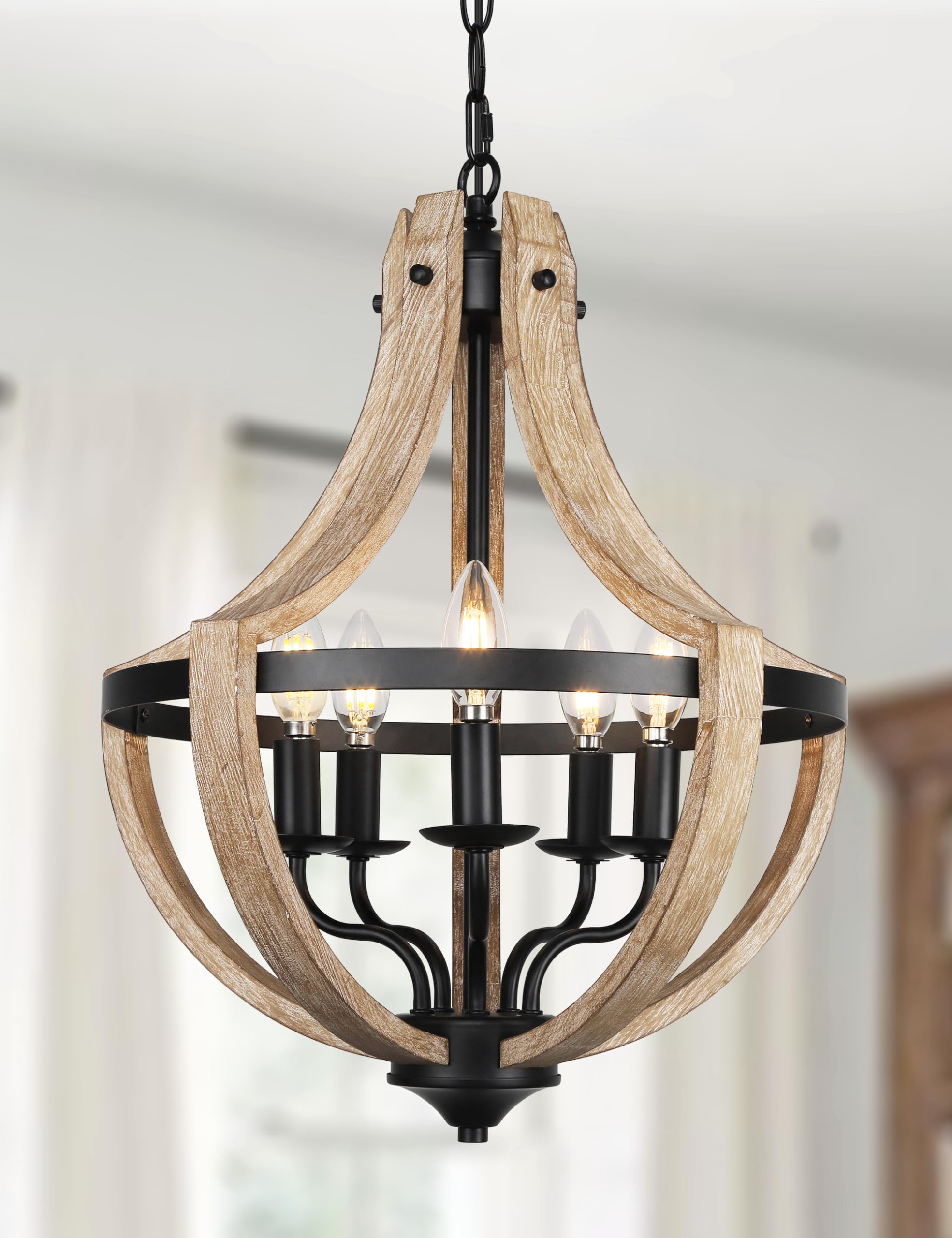 5-Light Farmhouse Wood Chandeliers for Dining Room, Adjustable Height Hanging Rustic Geometric Light Fixture for Kitchen Island 