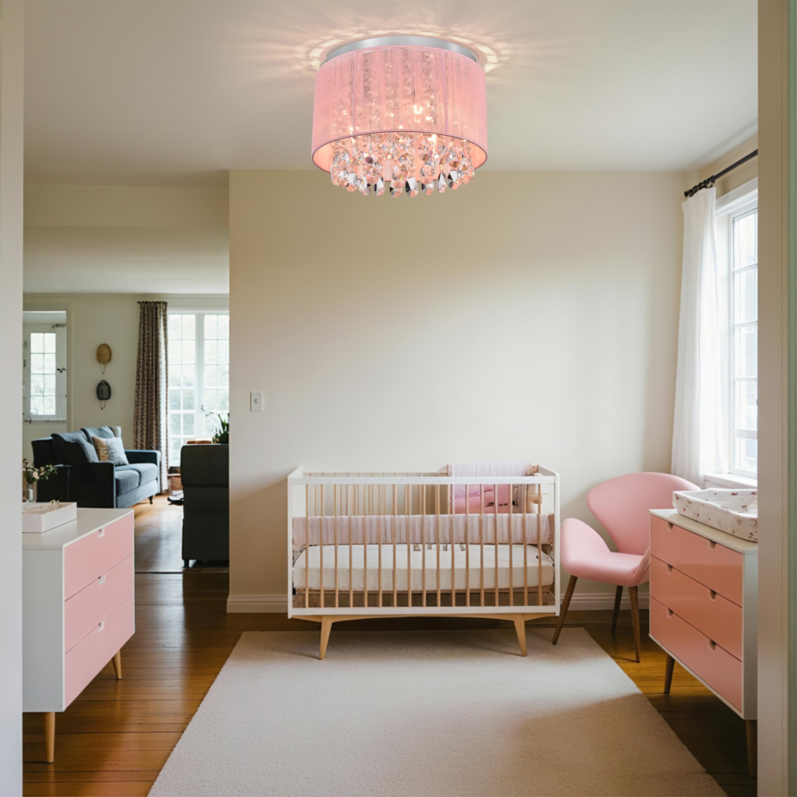 LaLuLa Pink Chandelier Drum Flush Mount Light Fixture - 3-Light 11" Round Crystal Ceiling Light for Girls Bedroom