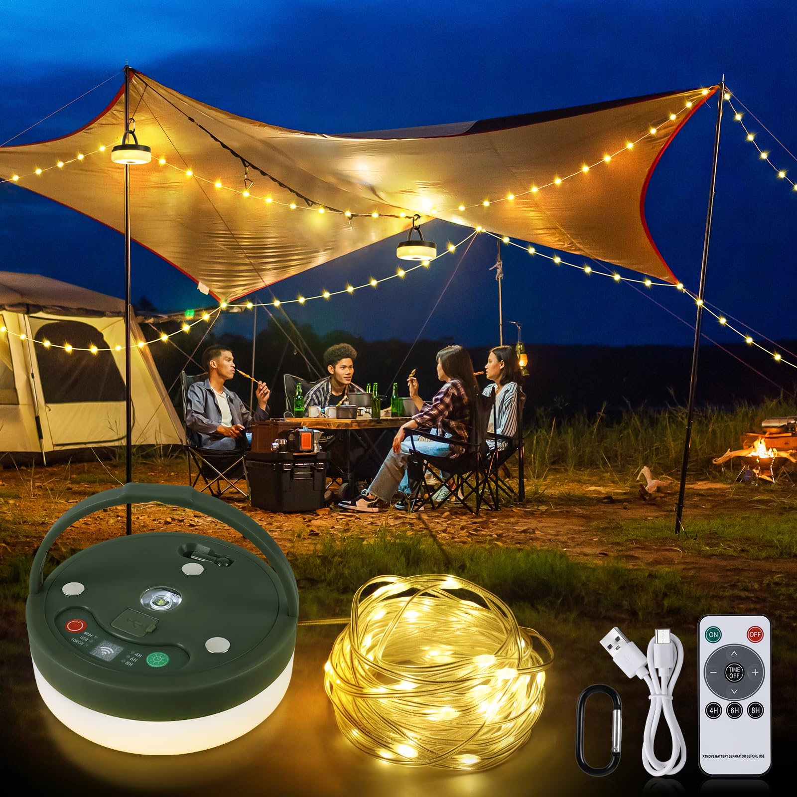 SMY Lighting 3 in 1 Camping String Light, Rechargeable 32.8Ft, Warm White, USB, Army Green, Model SMY-CPL-01