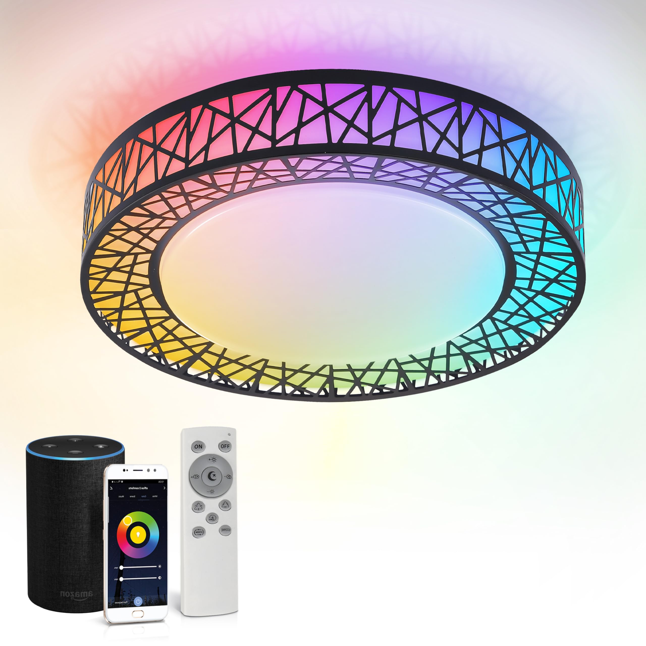 ASD 16 Inch Smart RGBW Flush Mount Ceiling Light, Dimmable 28W, WiFi App Control, Matte Black, Model A-LFM16D28SRGBW-B