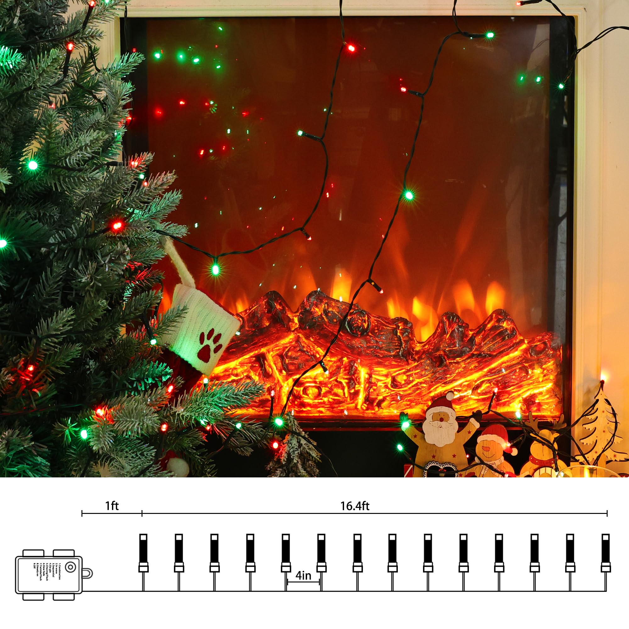 Lomotech Battery Operated Christmas Lights - 4 Pack Total 66Ft 200Leds String Lights 8 Modes Waterproof With Timer For Home  Garden  Party  Holiday  Tree Decoration (Green Wire  Red & Green)