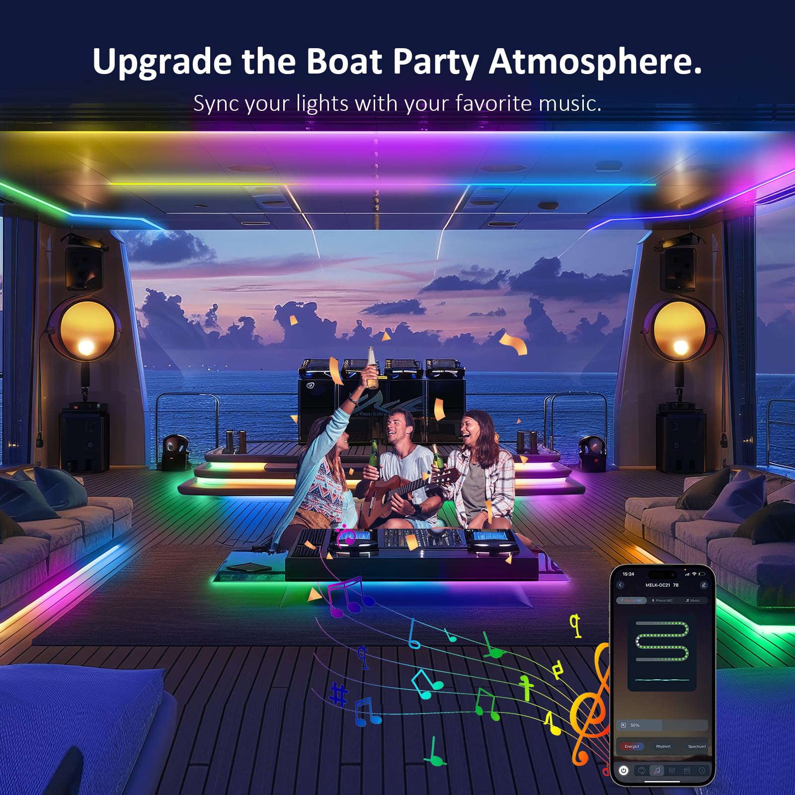 Yeenoon IC RGB LED Boat Strip Light, 32.8ft, IP68 Waterproof, Remote & App Control, Music Sync, Model 5050RGBIC12V30B