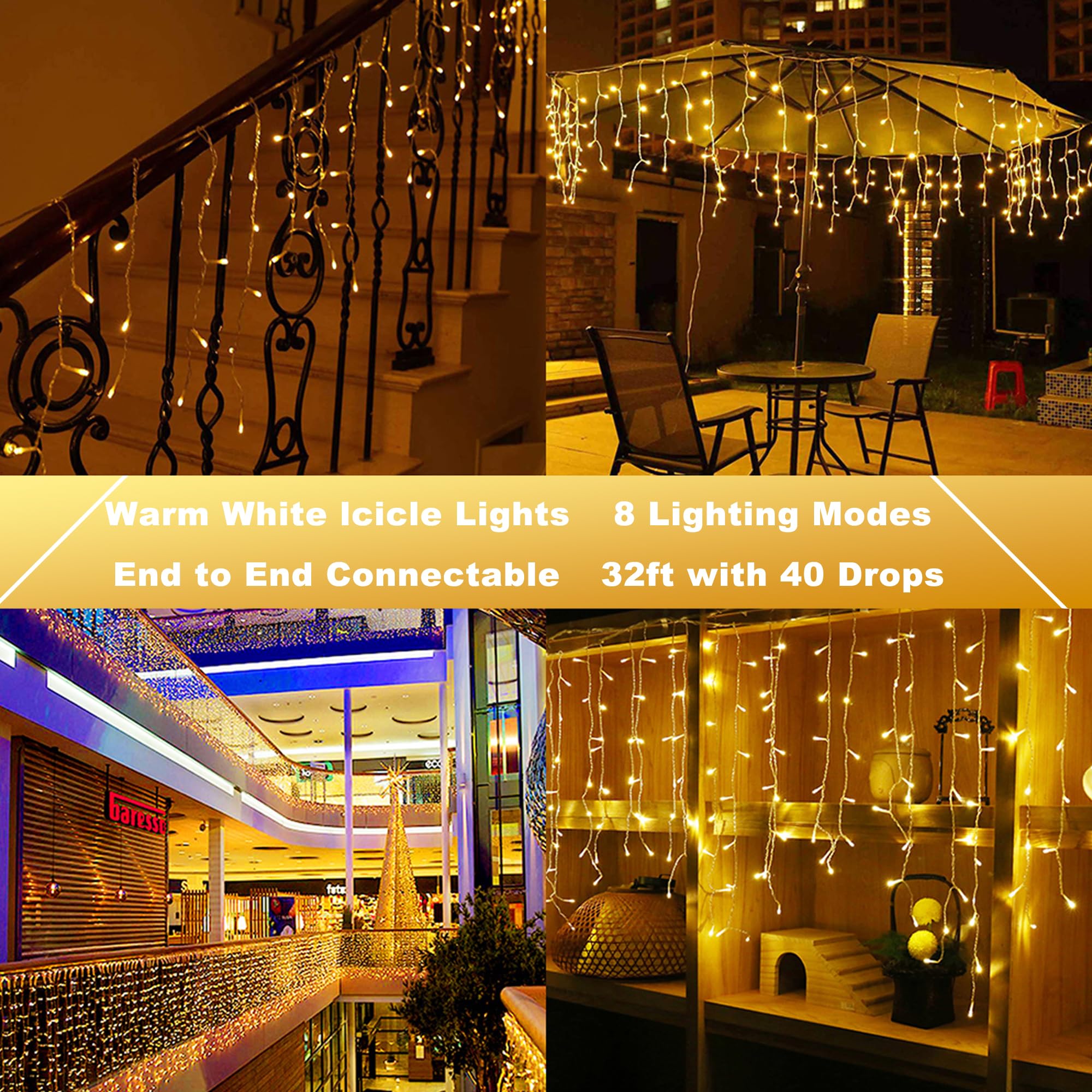 Joomer Christmas Icicle Lights, 32Ft 8 Modes Waterproof Christmas Icicle String Lights Outdoor Connectable With Timer For Party,