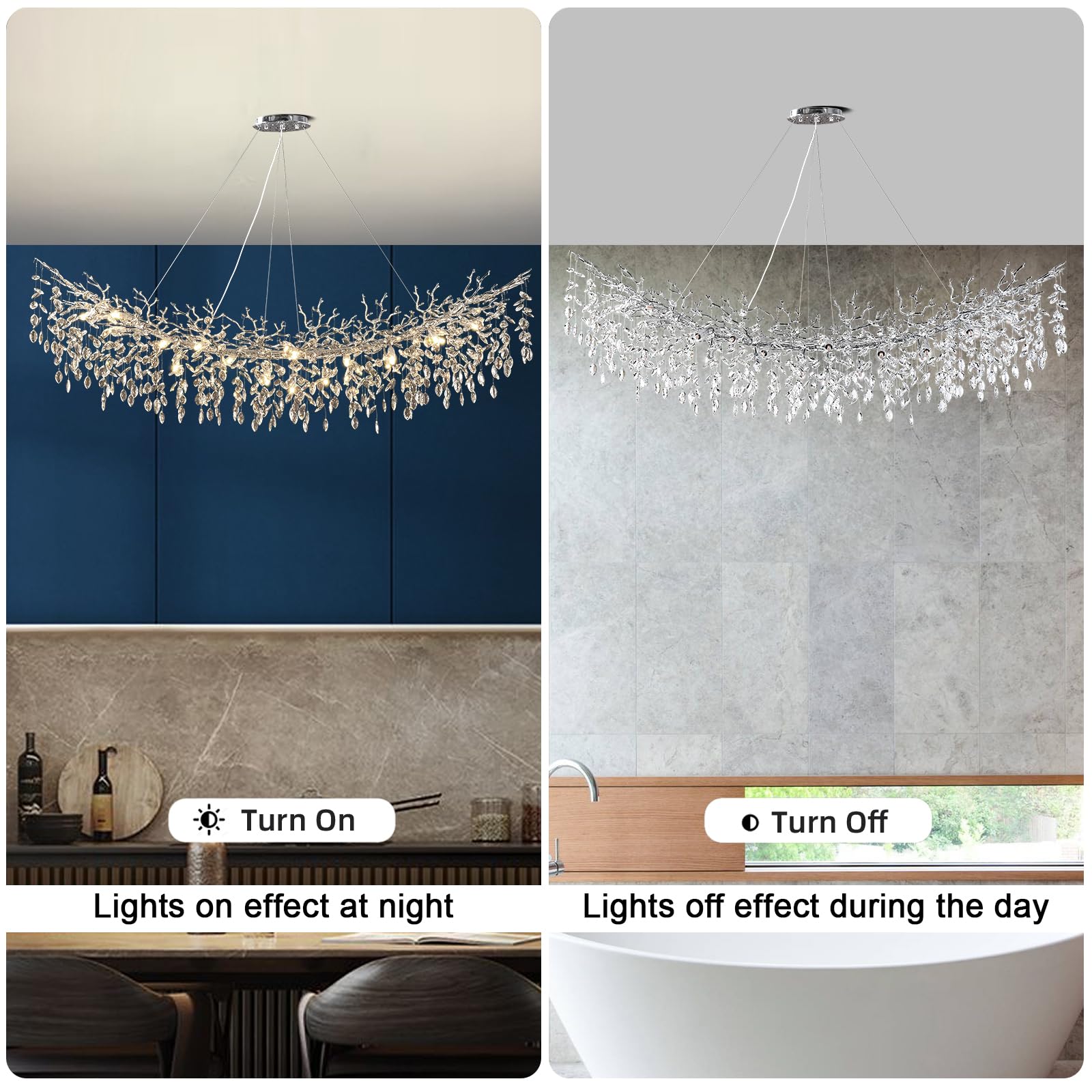 Kvtinmty Modern Crystal Silver Chandelier,72'' Large Rectangular Chandeliers For Dining Room, Tree Branch Crystal Lving Room Cha