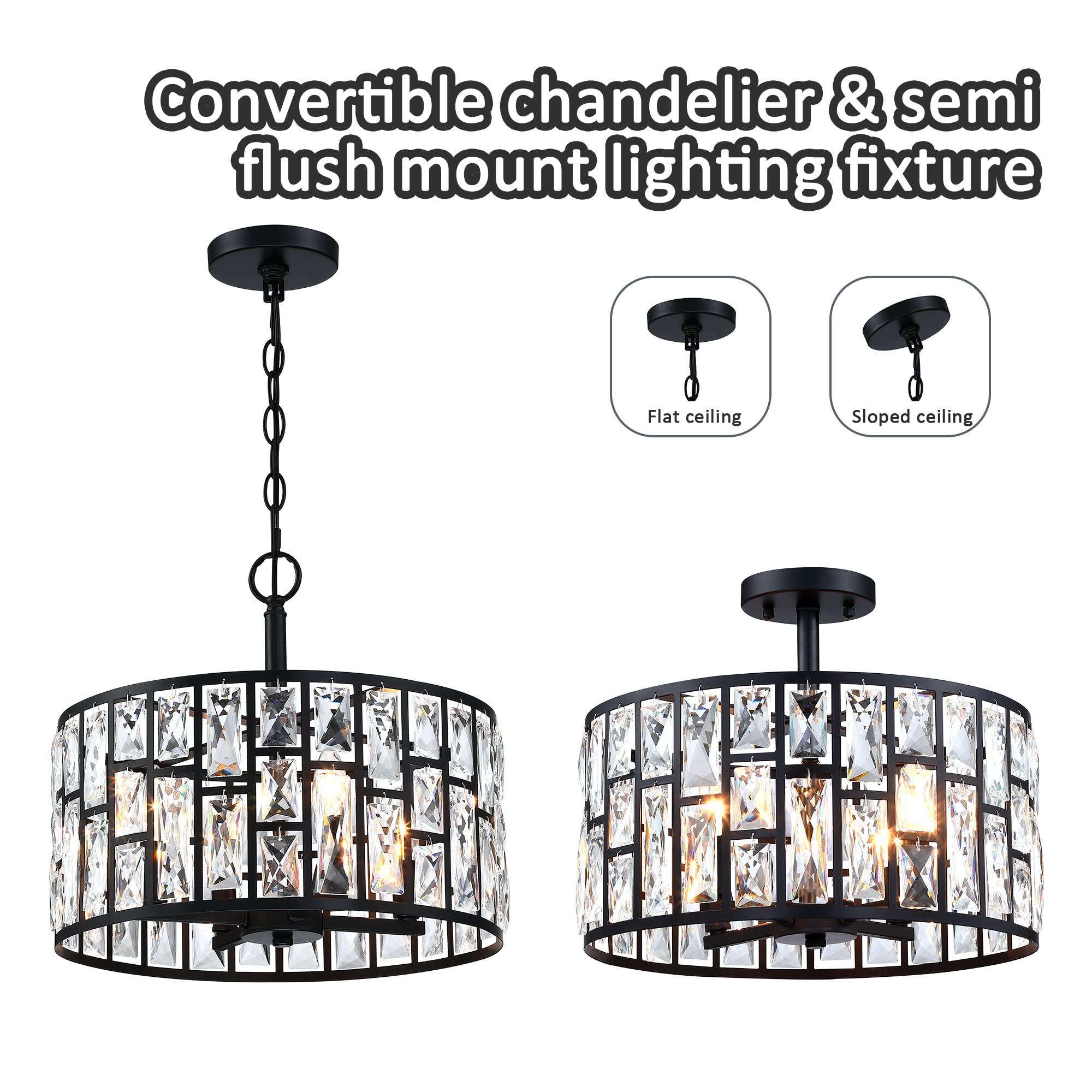 Mexo Farmhouse Black 4-Light Crystal Chandelier & Pendant Lighting For Kitchen & Dining Room