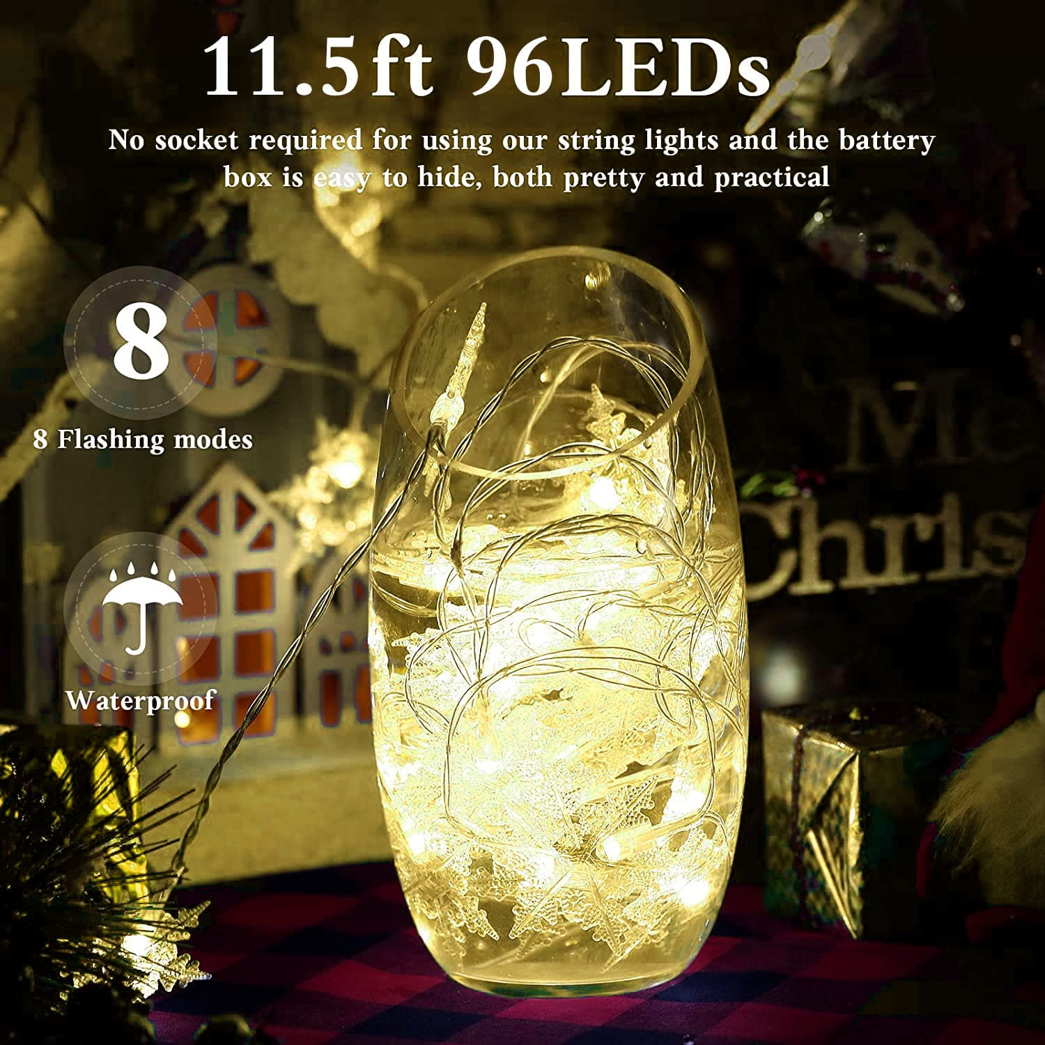 Christmas Snowflake Window Curtain String Lights, 20Ft 40 Led Fairy Lights Battery Operated Waterproof Lights Indoor Outdoor Decorations For Bedroom Party Patio Room Garden Home Xmas Tree Decorations
