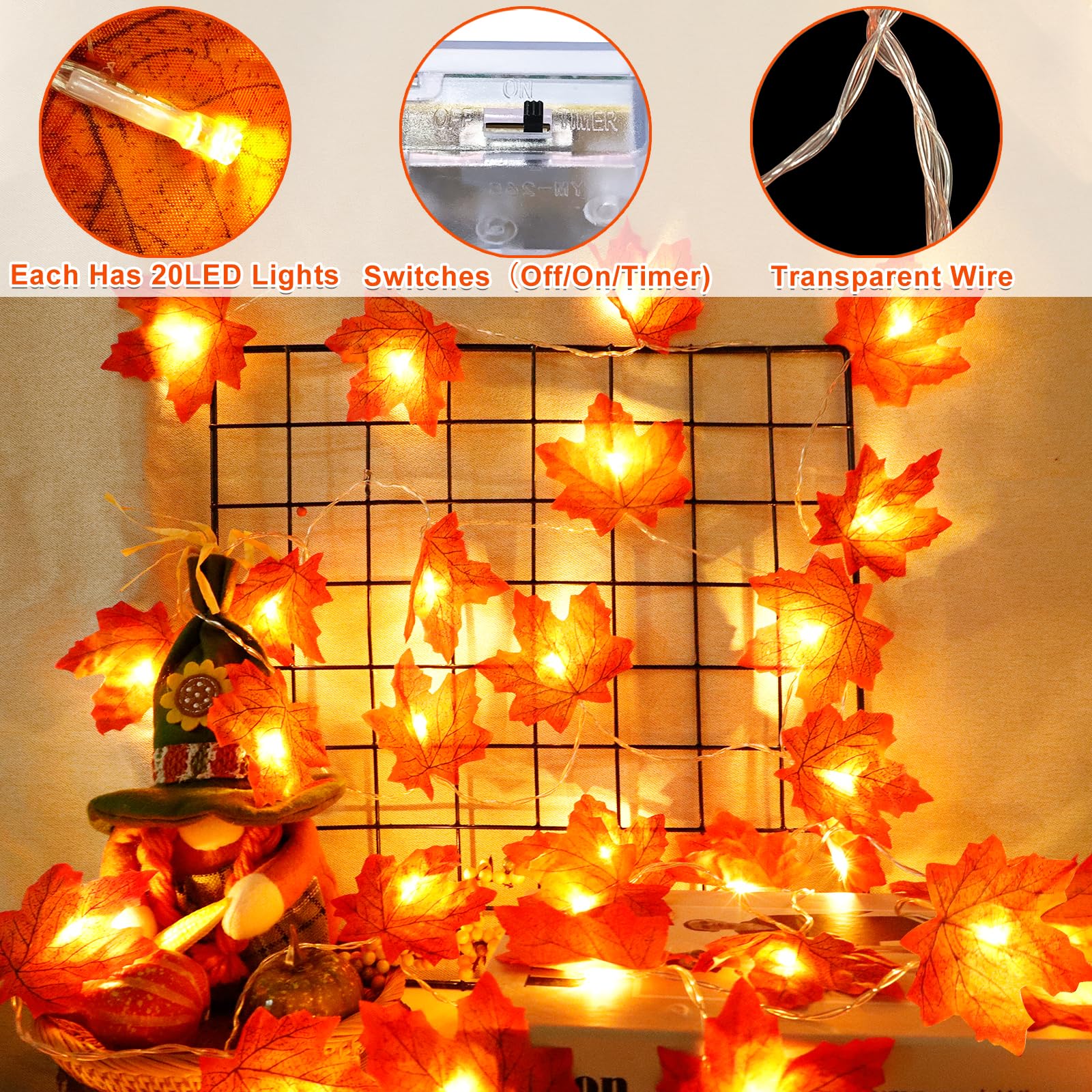 [ 5 Pack & Timer ] Fall Thanksgiving Decor Fall Garland Lights Total 100Led 50Ft Enlarged Maple Leafed String Lights Autumn Fall Decorations For Home Battery Operated Halloween Decor Indoor Outdoor
