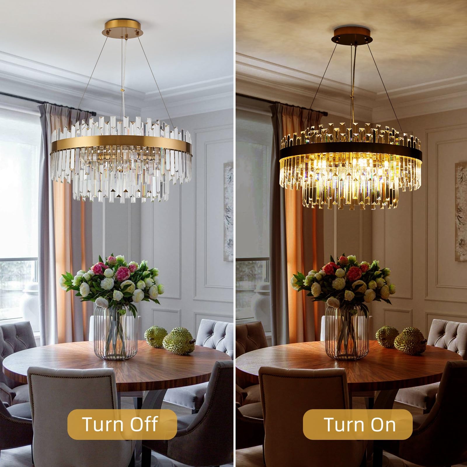 Pafee Modern 6-Light Gold 2-Tier K9 Crystal Chandelier - 20'' Round Chandelier Lighting Fixture For Dining Living Room Kitchen I