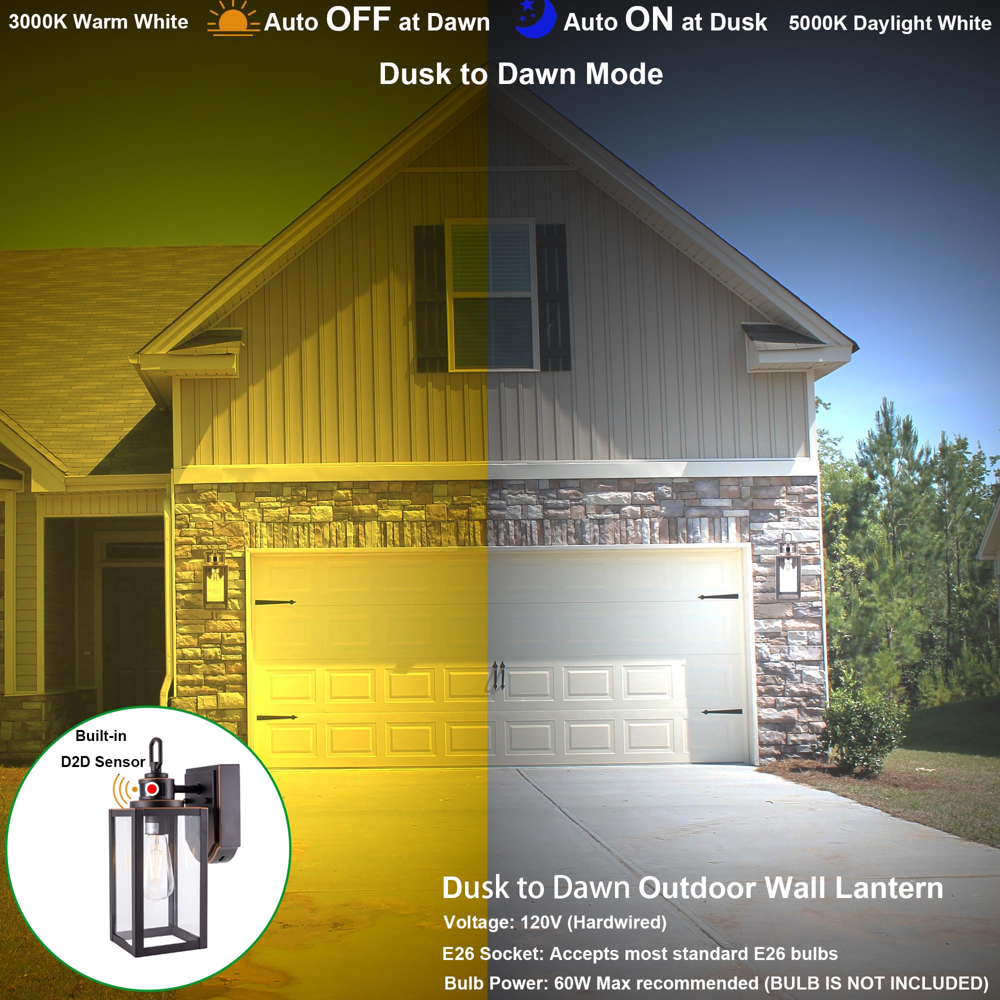 GRUENLICH Dusk to Dawn Outdoor Wall Lantern, PIR Motion Sensor, E26 Max 60W, Metal Housing, Oil-Rubbed Bronze, 2-Pack, Model GR-WL