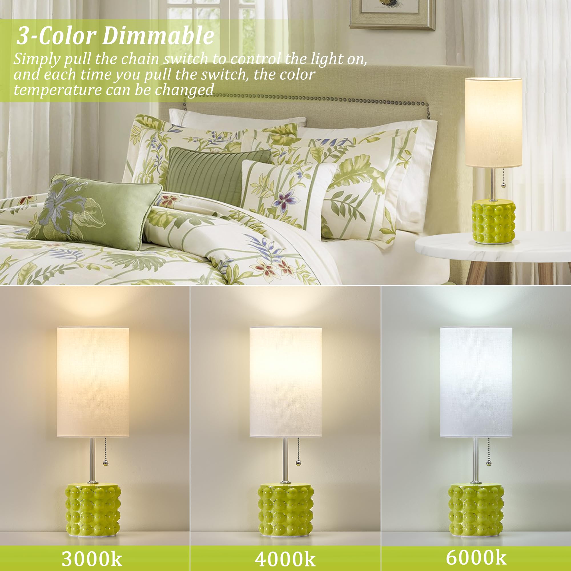 GyroVu Table Lamp Set of 2, Modern Pull Chain Nightstand Lamps, Green Fabric Shade, Small Size for Bedroom, Living Room, Office