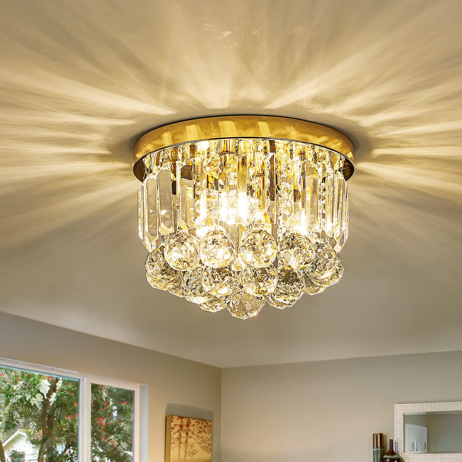 Gopmmy Round Crystal Lamp Chandelier,Modern Gold G9 Ceiling Mount Fixture Dia.9.85'' x H8.25 for Living Room Dining Room Hallway