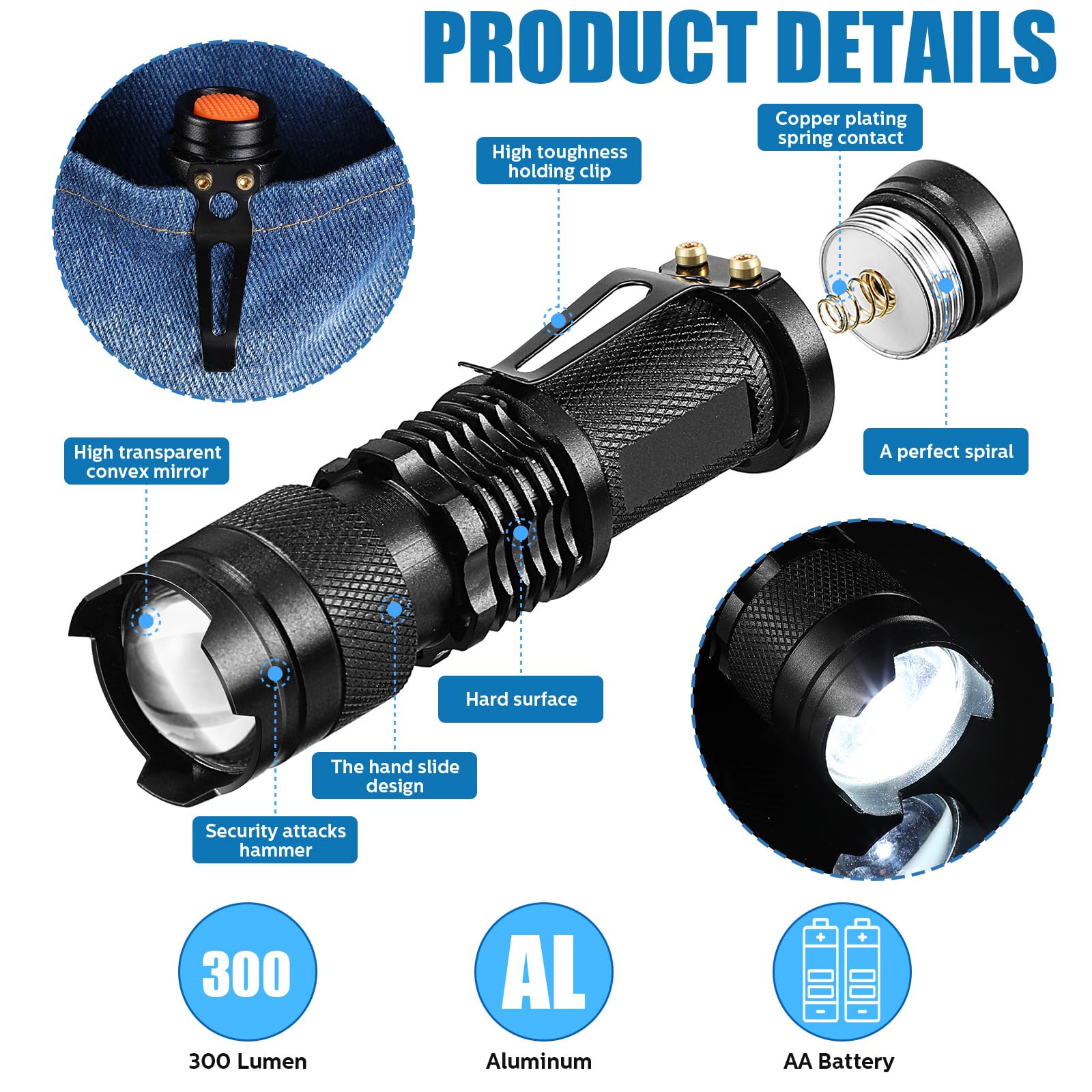 Fumete 20 Pieces Led Flashlight Mini 3 Mode Tactical Torch Small Water Resistant Pocket Flash Light Adjustable Focus Light Pen For Men, Father, Indoor Outdoor Hiking(Black)