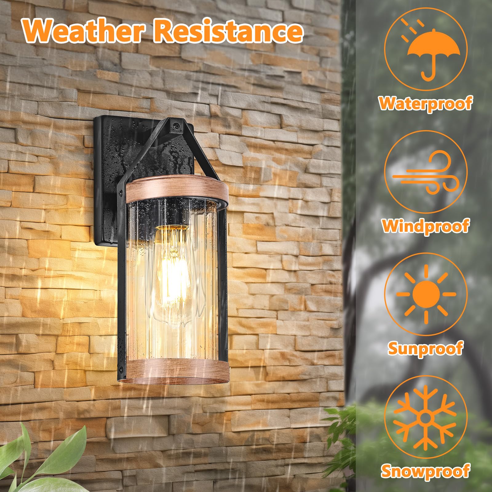 Brightever 2-Pack Outdoor Wall Lanterns, Waterproof Black Sconce with Clear Glass, Wood Texture, Model B05043BP