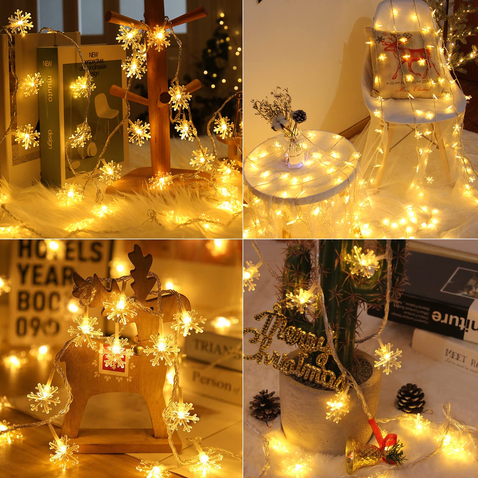 Brightown Solar Christmas Snowflake String Lights 100 LED 39 FT Waterproof Warm White Fairy Lights for Outdoor Use