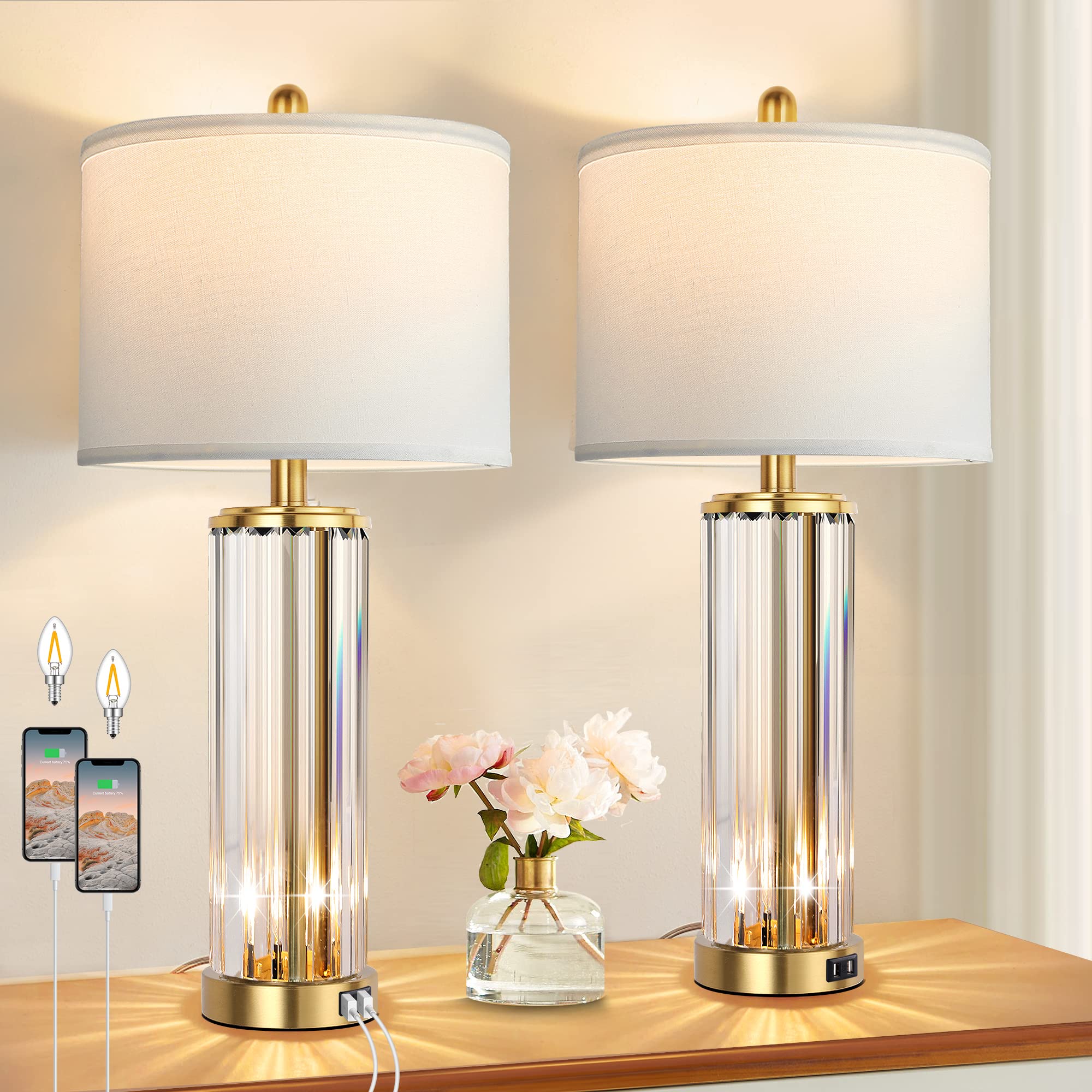QiMH Gold Table Lamps for Bedroom Set of 2 with Nightlight, Modern Bedside Lamp with 2 USB A+C Charging Port, Clear Nightstand L