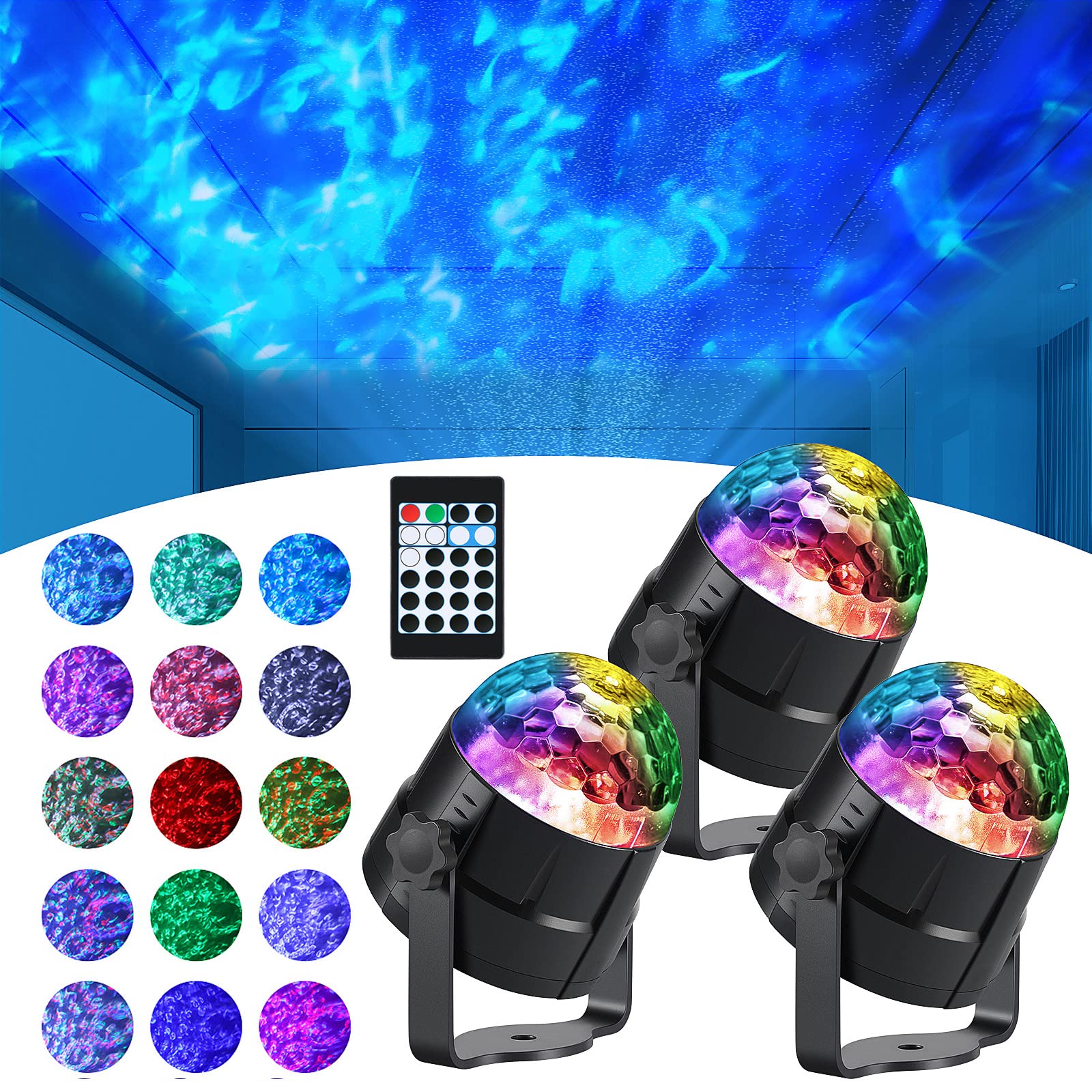 Preboun 3 Pcs Water Light Projector Ocean Wave Light Outdoor Water Effect Night Projector, 15 Colors Led Waterproof With Remote For Halloween Wedding Party Landscape Wall Tree Decoration(Water Wave)